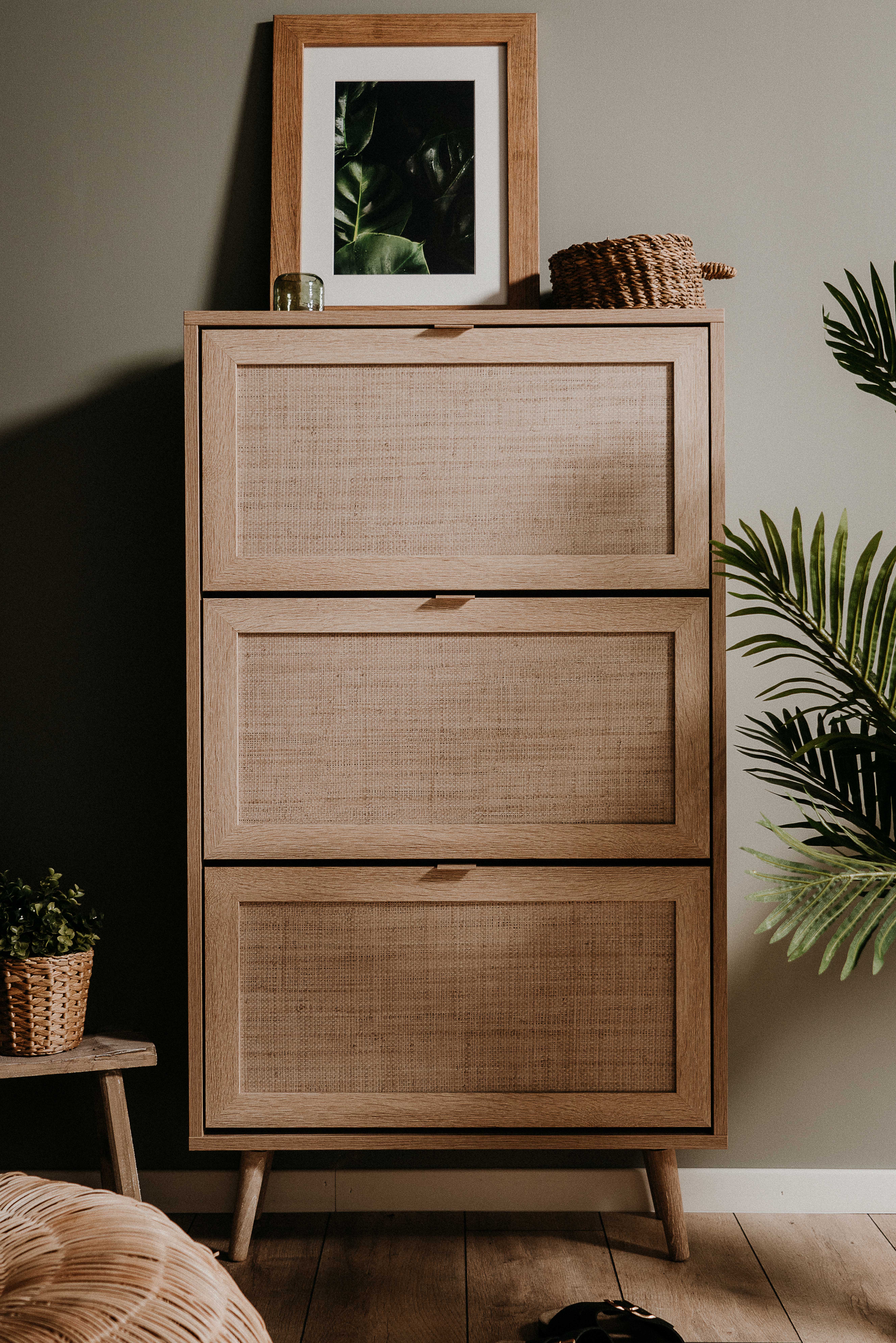 Armoire à chaussures Bilal 70cm 3 portes - chêne/raphia imprimé - Image 8