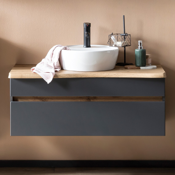 Armoire à lavabo Vikas 101cm 2 tiroirs - anthracite/chêne - Image 1