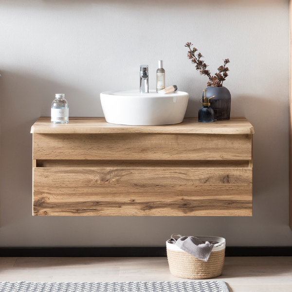 Armoire à lavabo Vikas 101cm 2 tiroirs - chêne