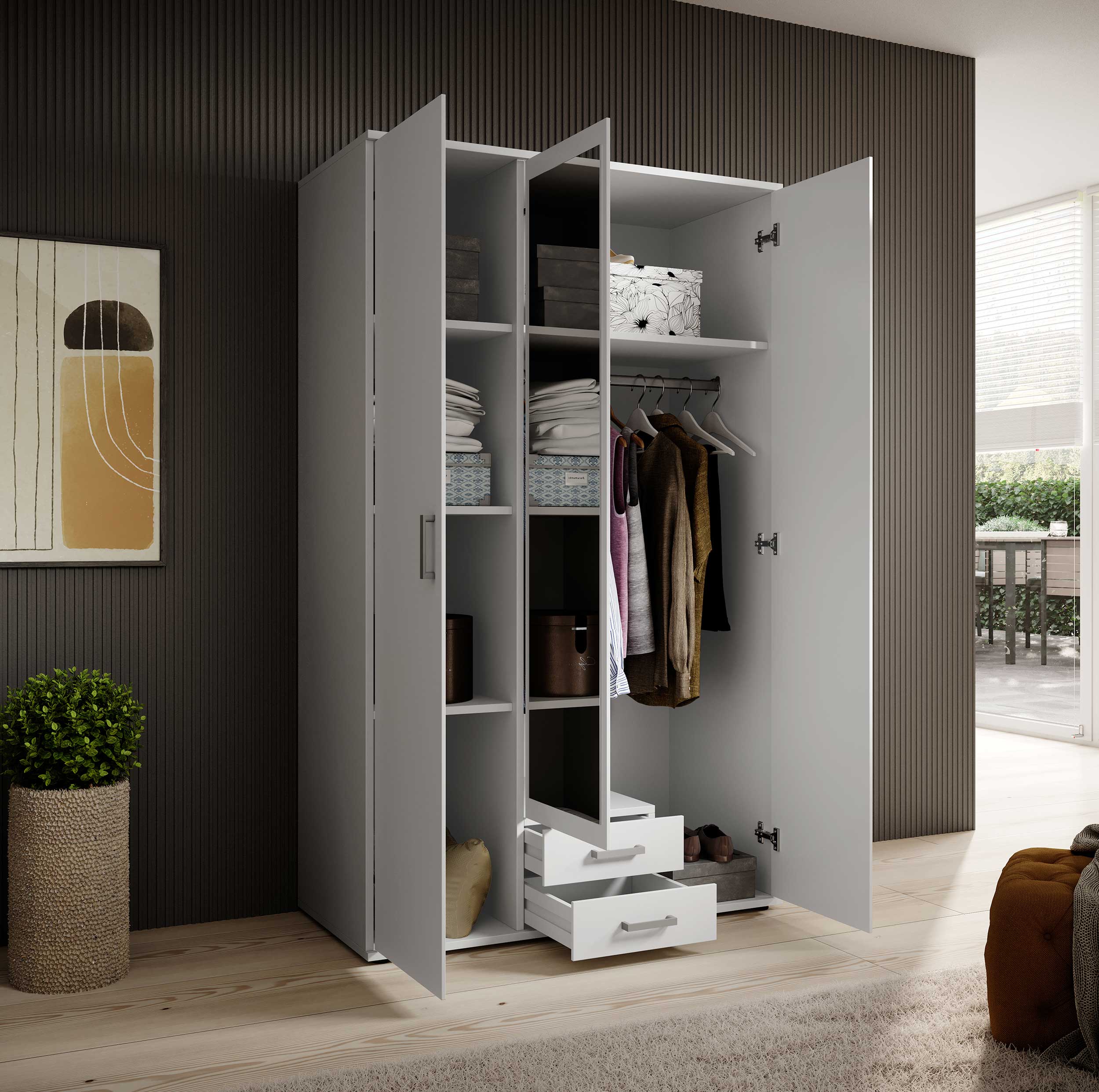 Armoire à vêtements Daniela 120cm à 3 portes & 2 tiroirs - blanc - Image 2