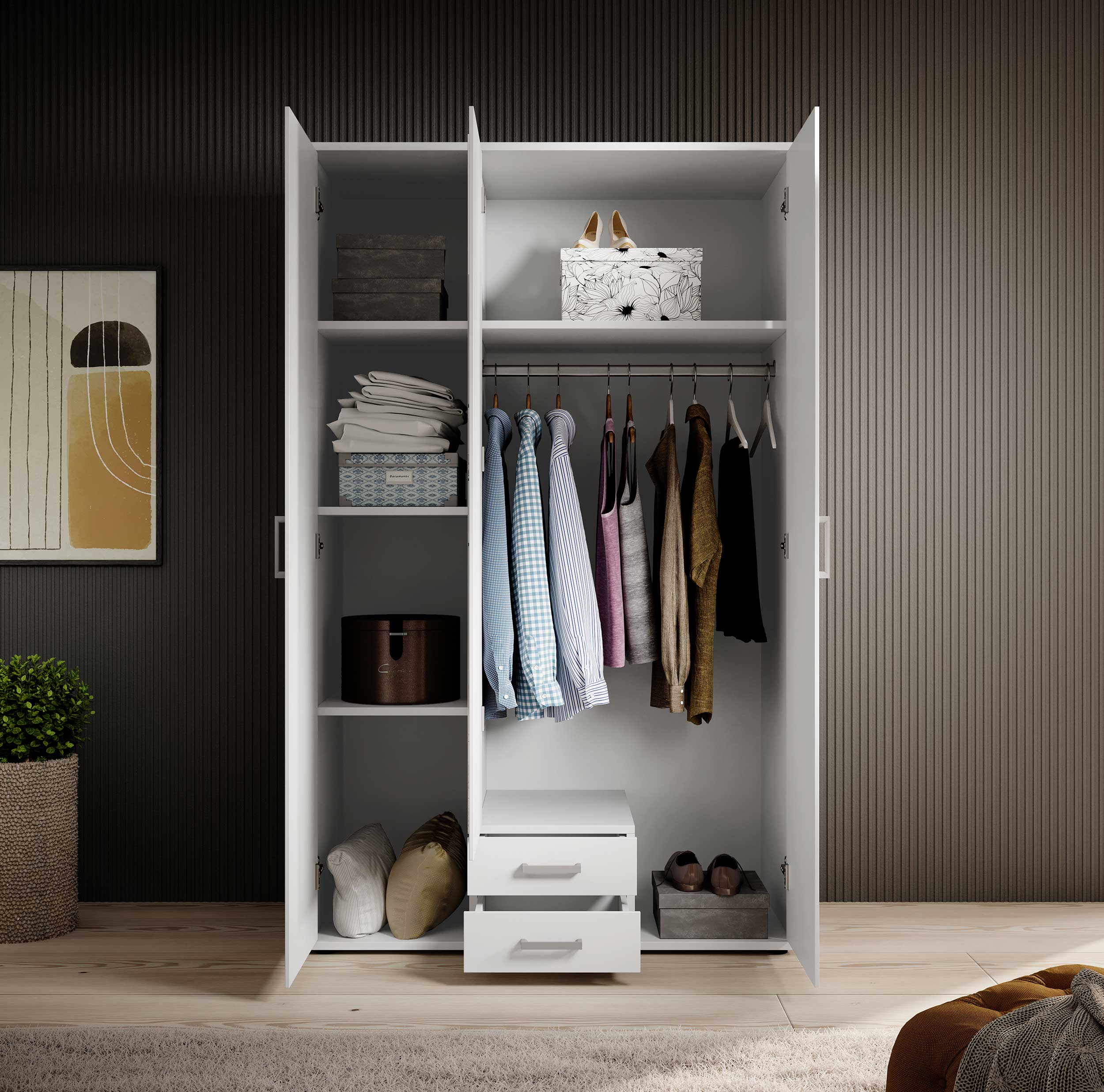 Armoire à vêtements Daniela 120cm à 3 portes & 2 tiroirs - blanc - Image 6