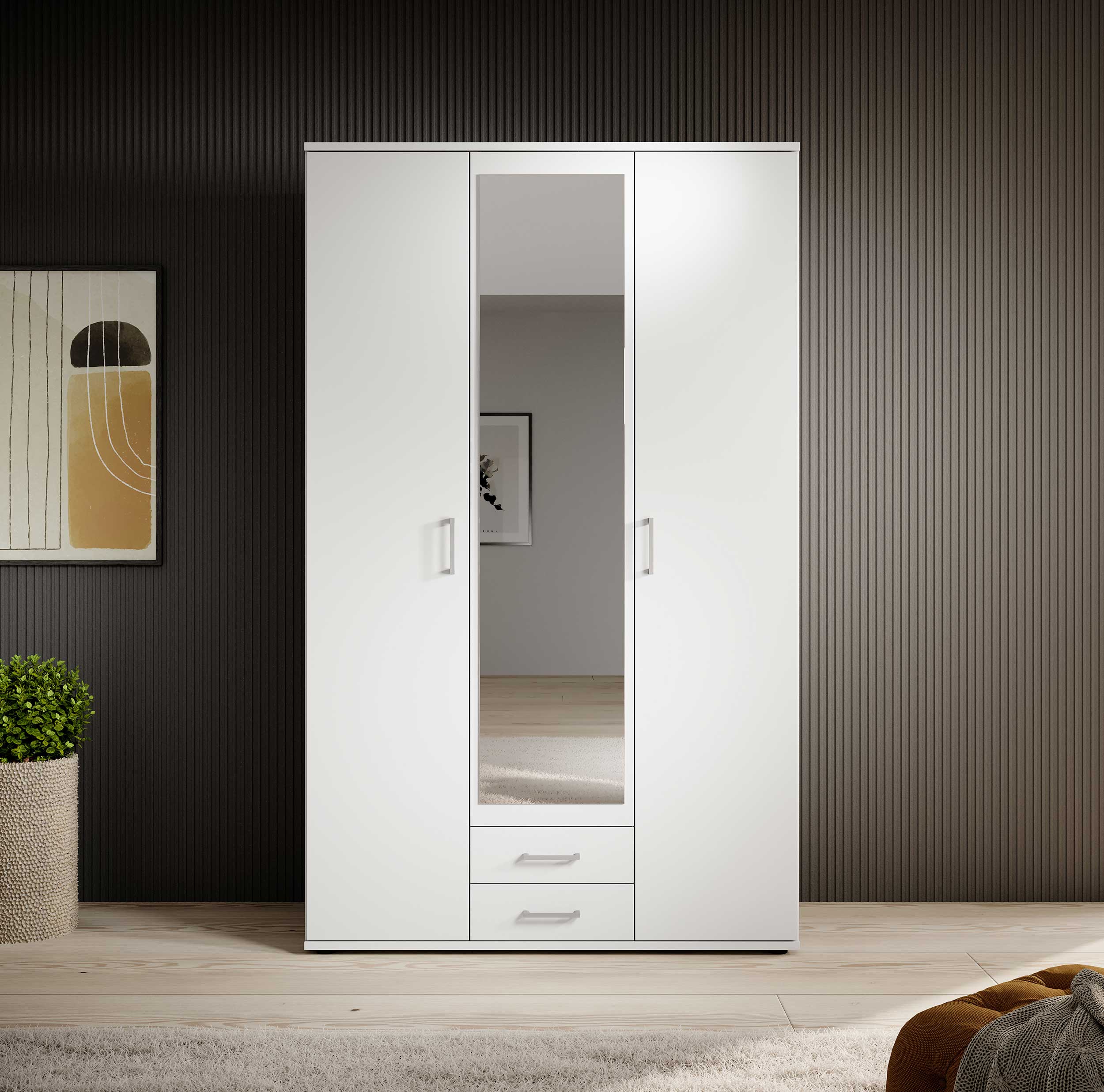 Armoire à vêtements Daniela 120cm à 3 portes & 2 tiroirs - blanc - Image 9