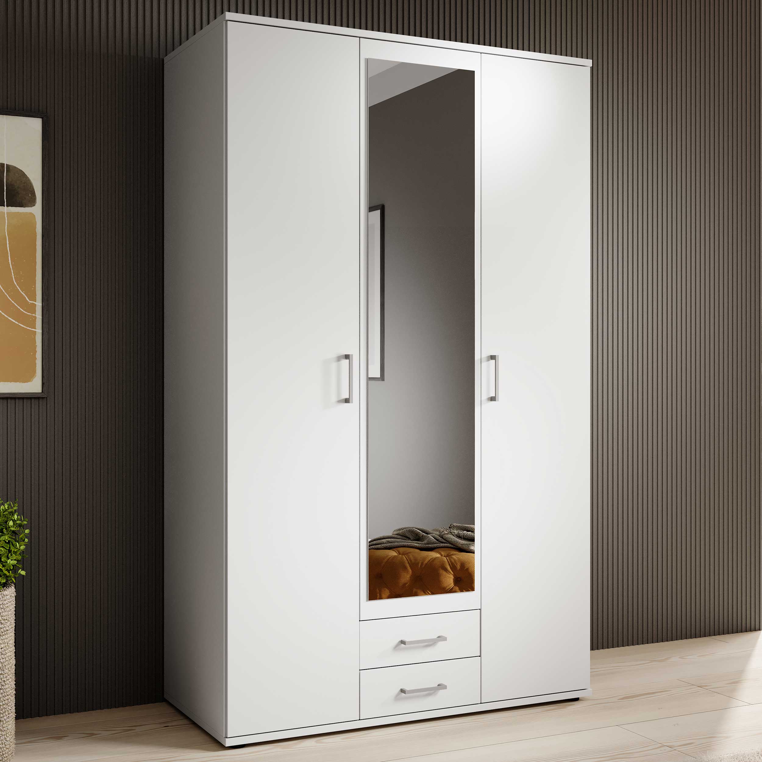 Armoire à vêtements Daniela 120cm à 3 portes & 2 tiroirs - blanc