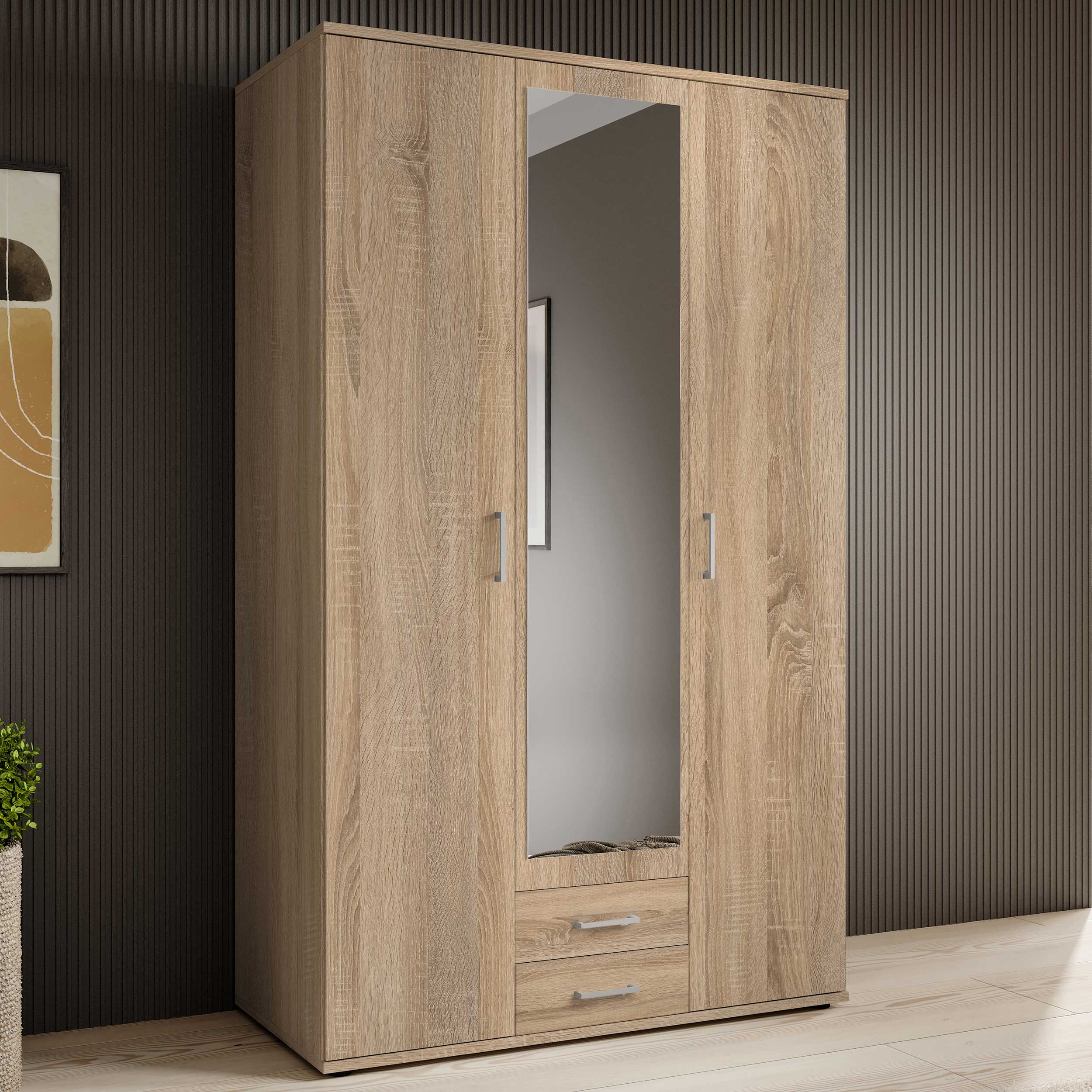 Armoire à vêtements Daniela 120cm à 3 portes & 2 tiroirs - chêne