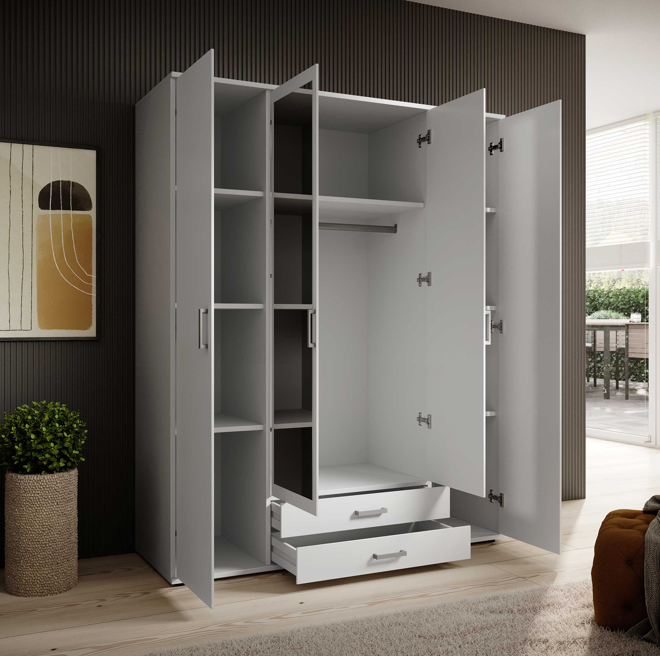 Armoire à vêtements Daniela 160cm à 4 portes & 2 tiroirs - blanc - Image 3