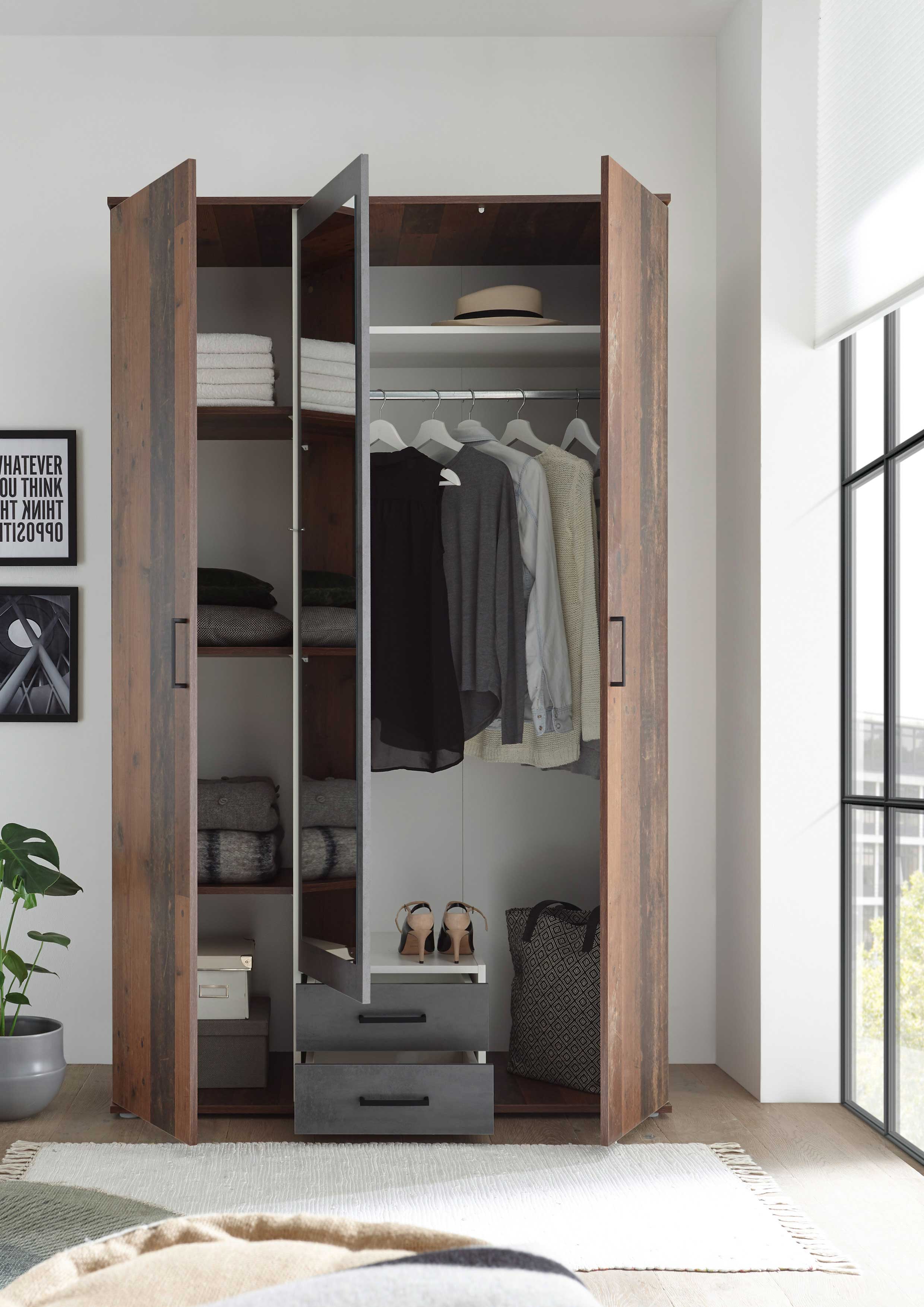 Armoire à vêtements Ellis 120cm à 3 portes & 2 tiroirs - vieux style/béton - Image 5