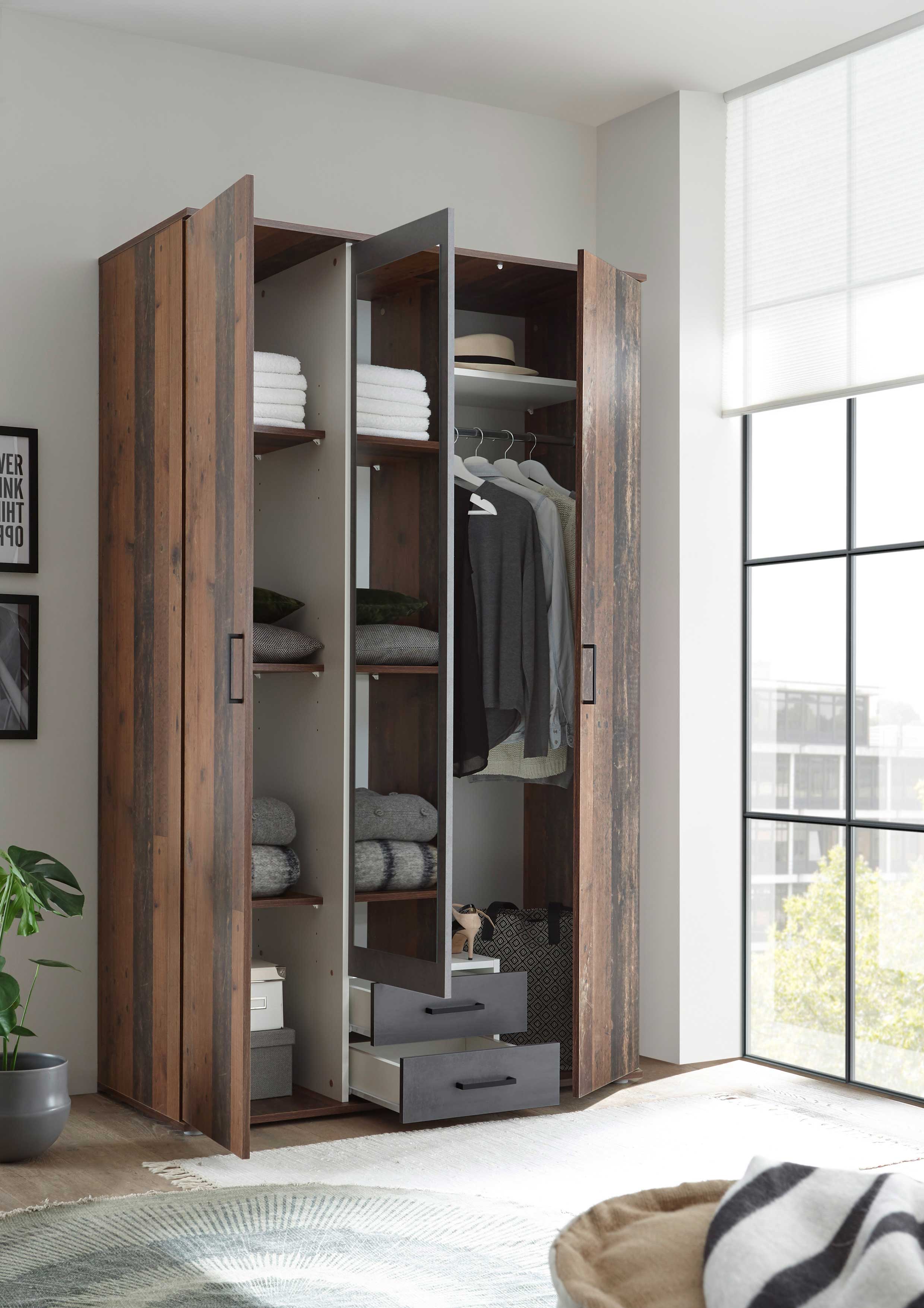 Armoire à vêtements Ellis 120cm à 3 portes & 2 tiroirs - vieux style/béton - Image 8