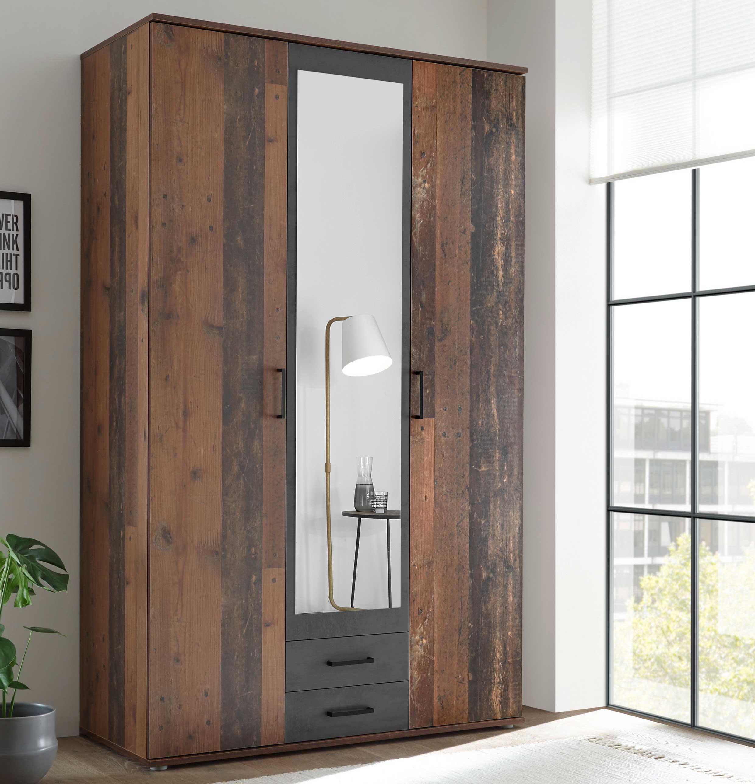 Armoire à vêtements Ellis 120cm à 3 portes & 2 tiroirs - vieux style/béton