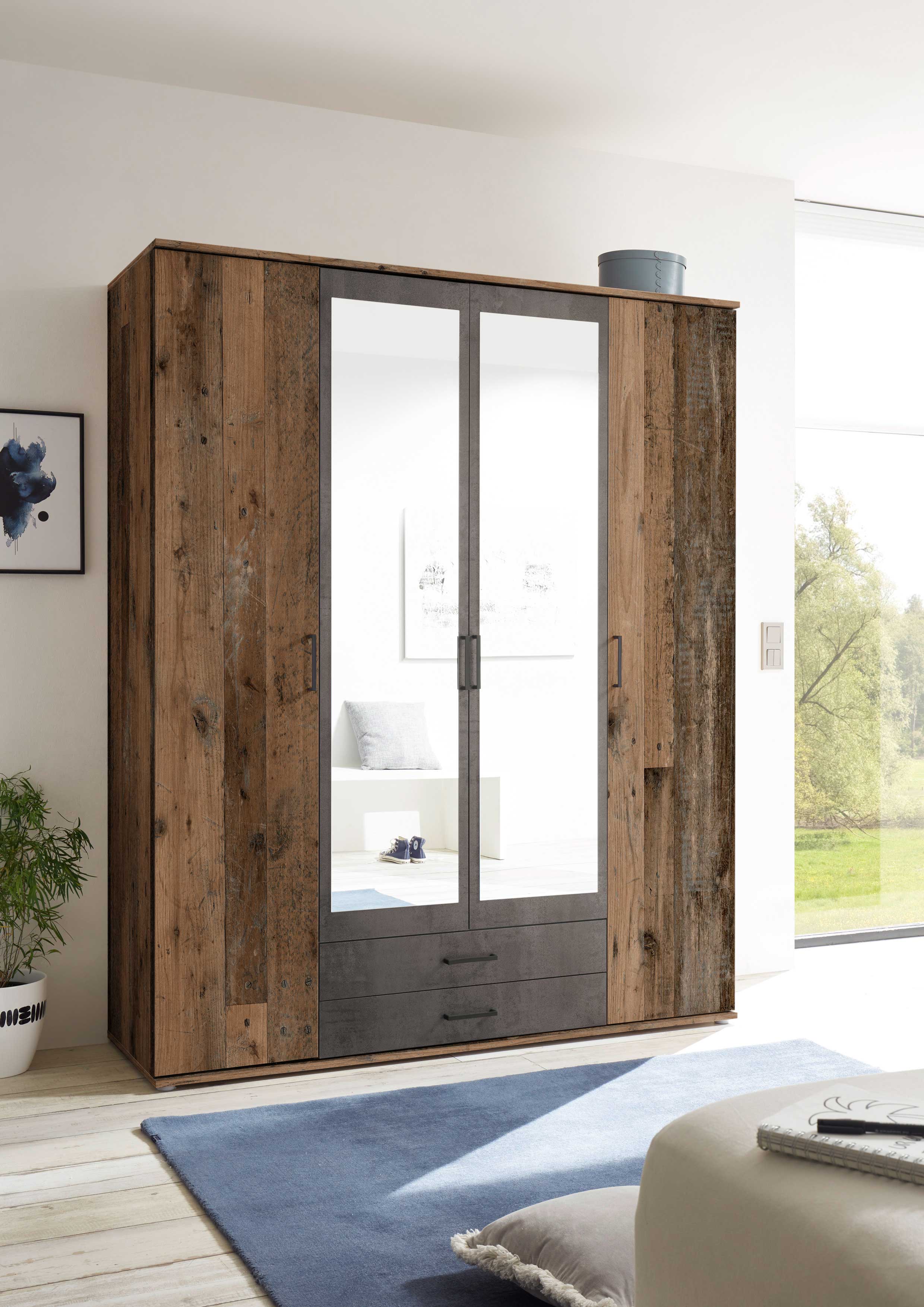 Armoire à vêtements Ellis 160cm à 4 portes & 2 tiroirs - vieux style/béton - Image 11