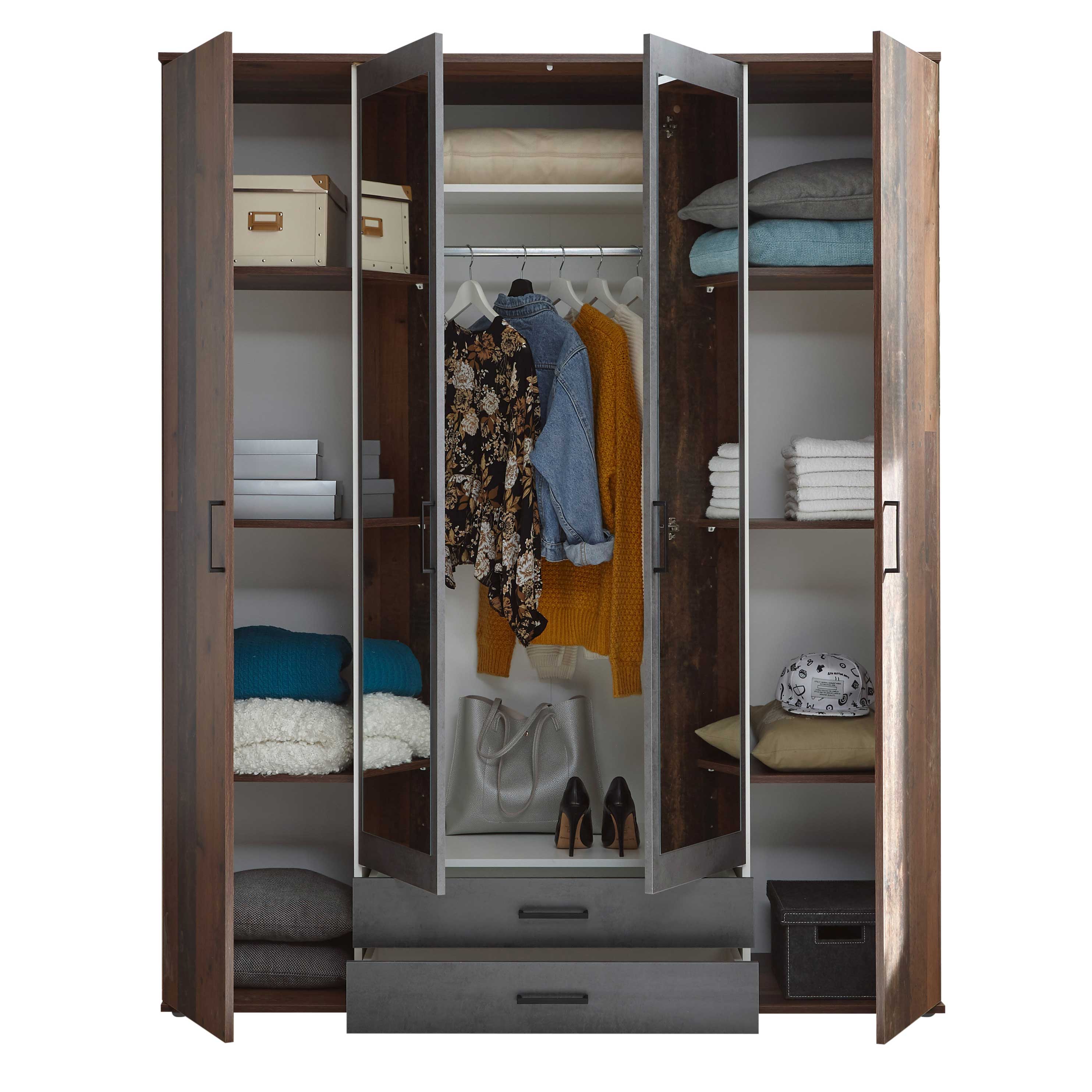 Armoire à vêtements Ellis 160cm à 4 portes & 2 tiroirs - vieux style/béton - Image 8