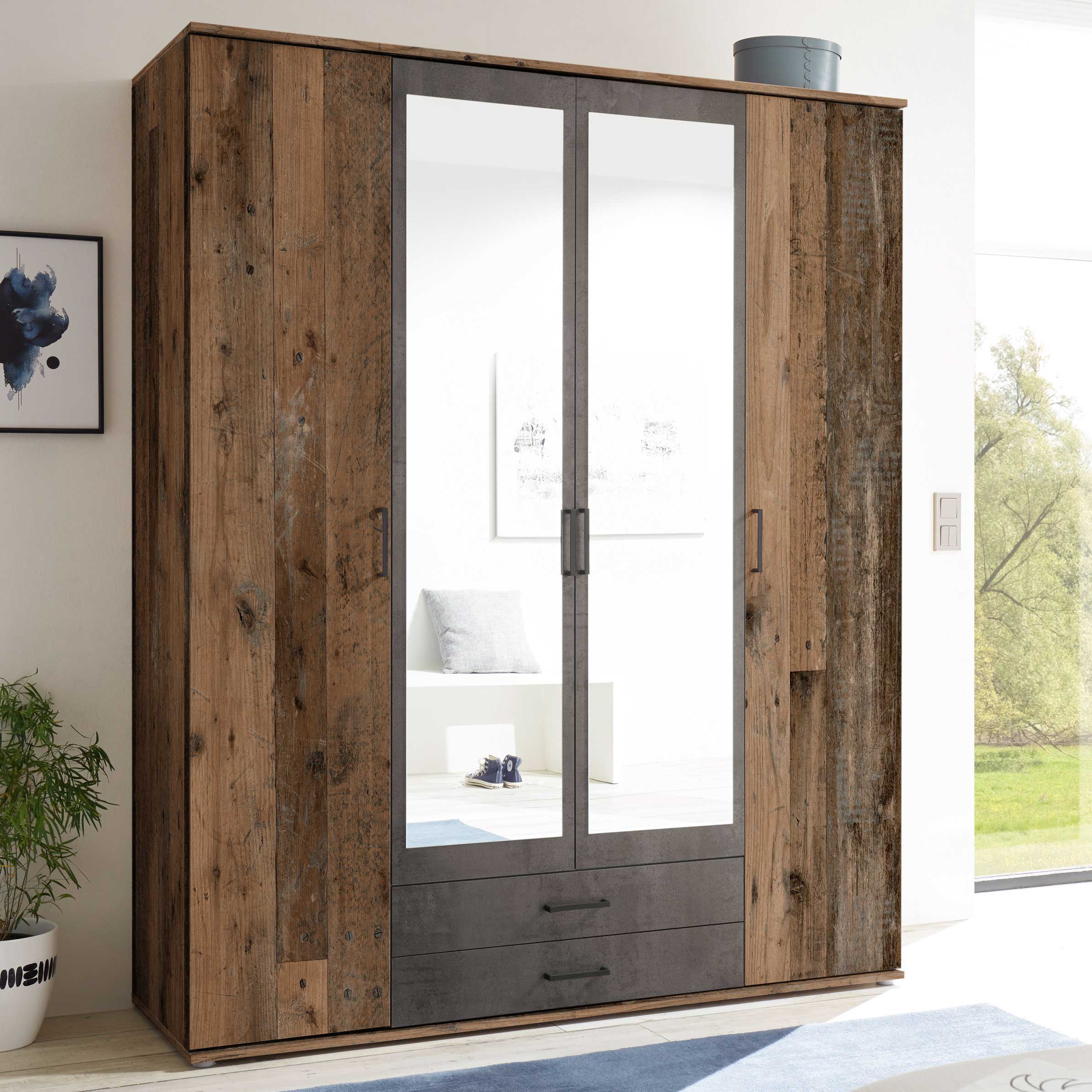 Armoire à vêtements Ellis 160cm à 4 portes & 2 tiroirs - vieux style/béton