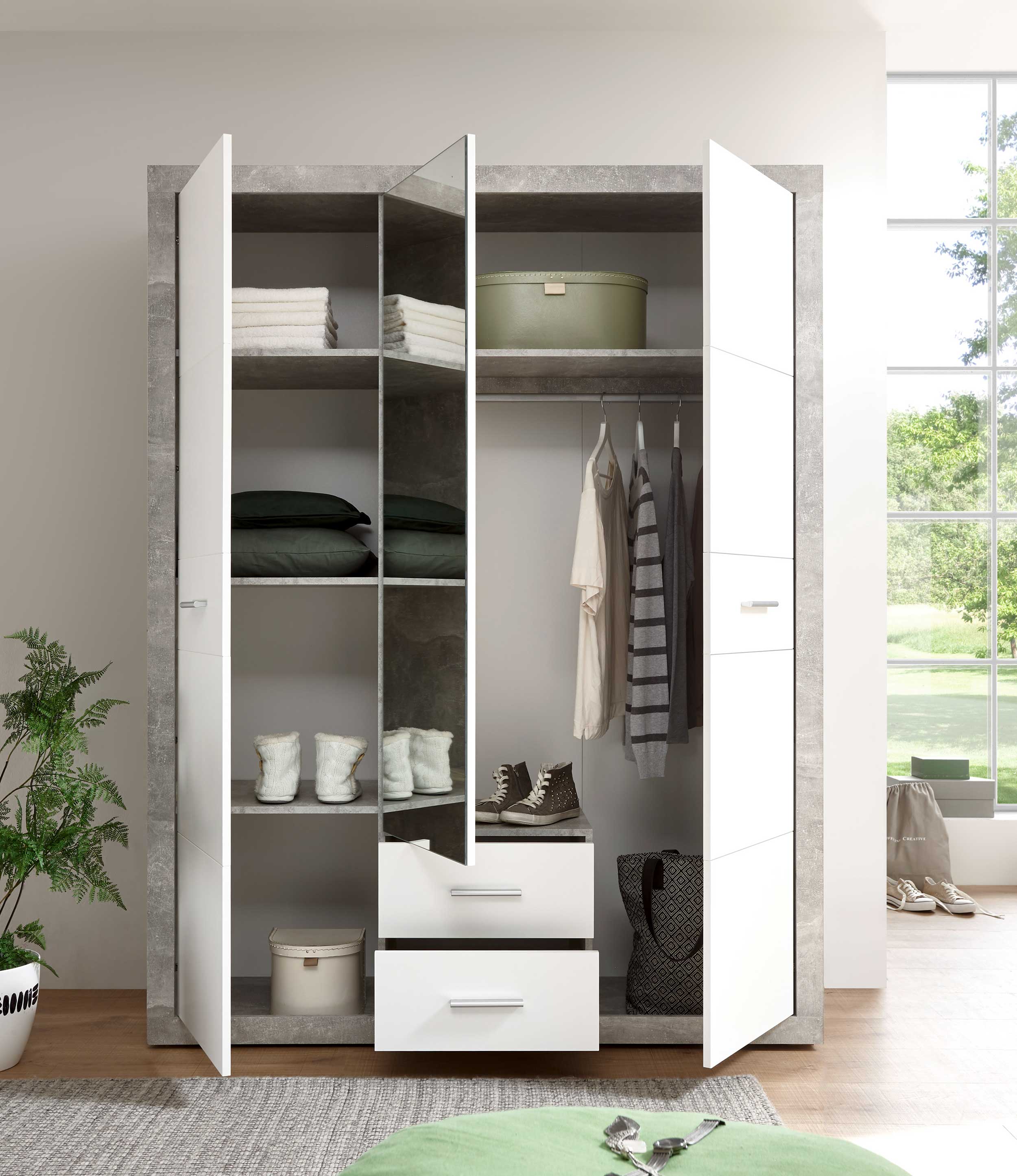 Armoire à vêtements Storck 151cm 3 portes & 2 tiroirs - béton/blanc - Image 7