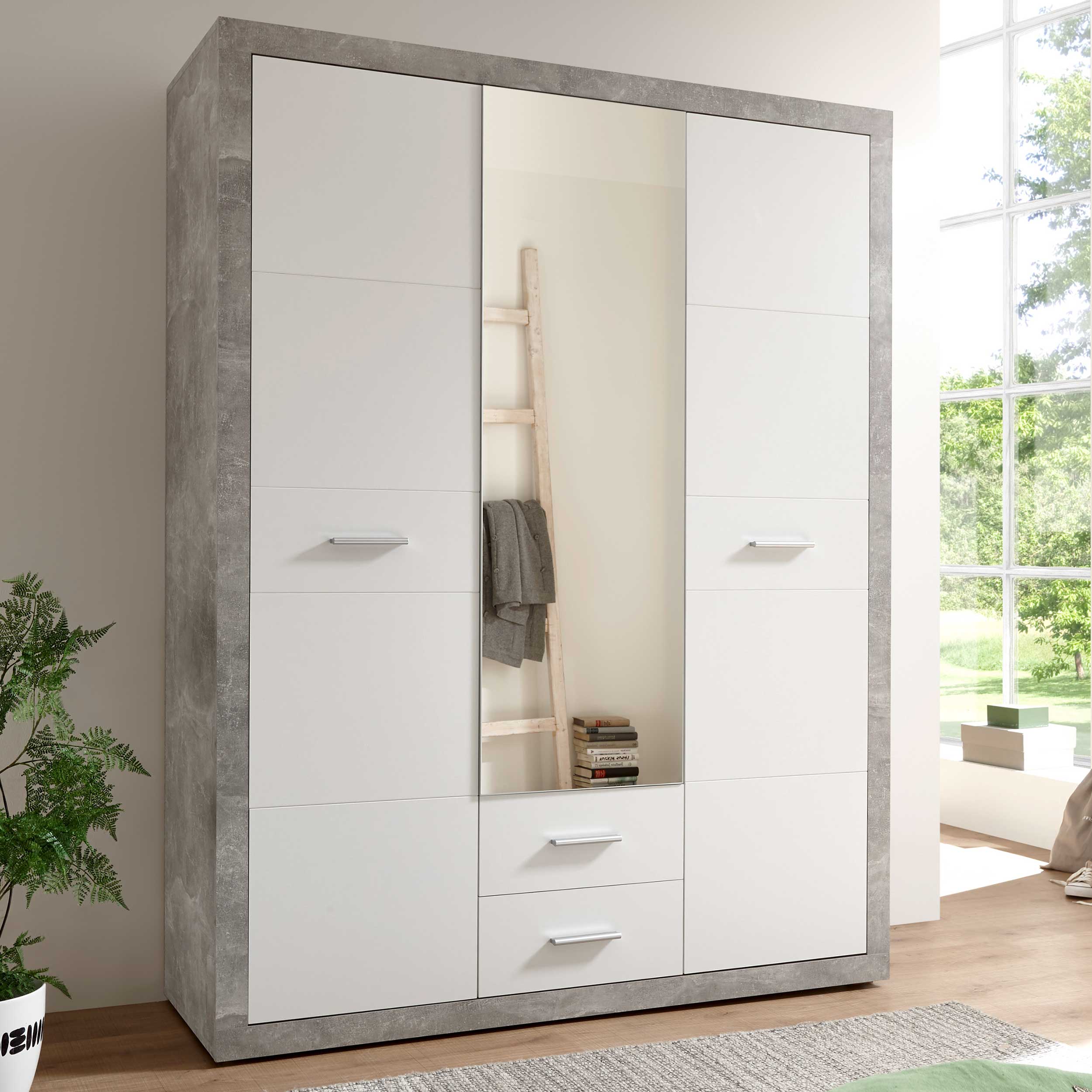 Armoire à vêtements Storck 151cm 3 portes & 2 tiroirs - béton/blanc - Image 1