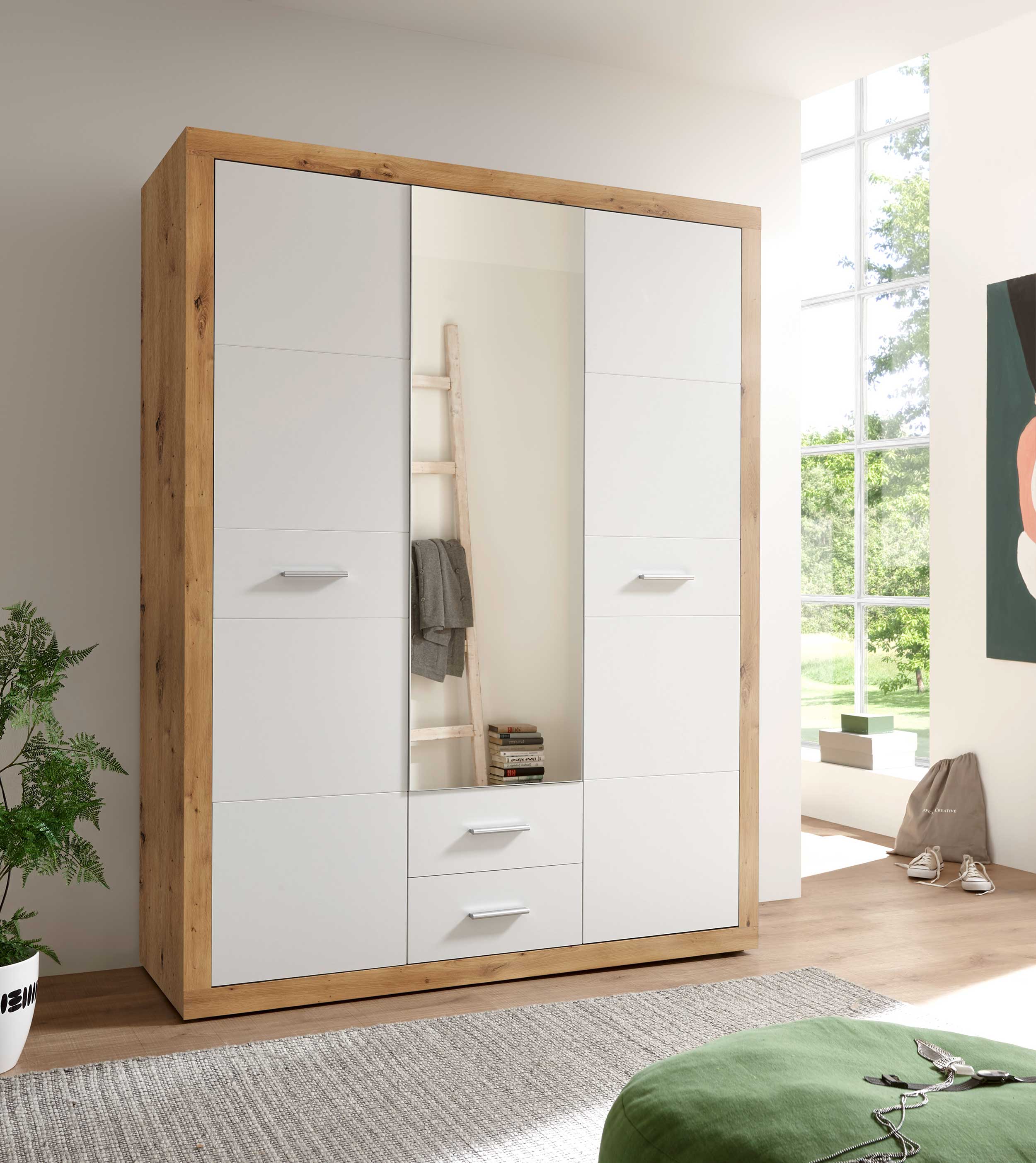 Armoire à vêtements Storck 151cm 3 portes & 2 tiroirs - chêne artisan/blanc - Image 6