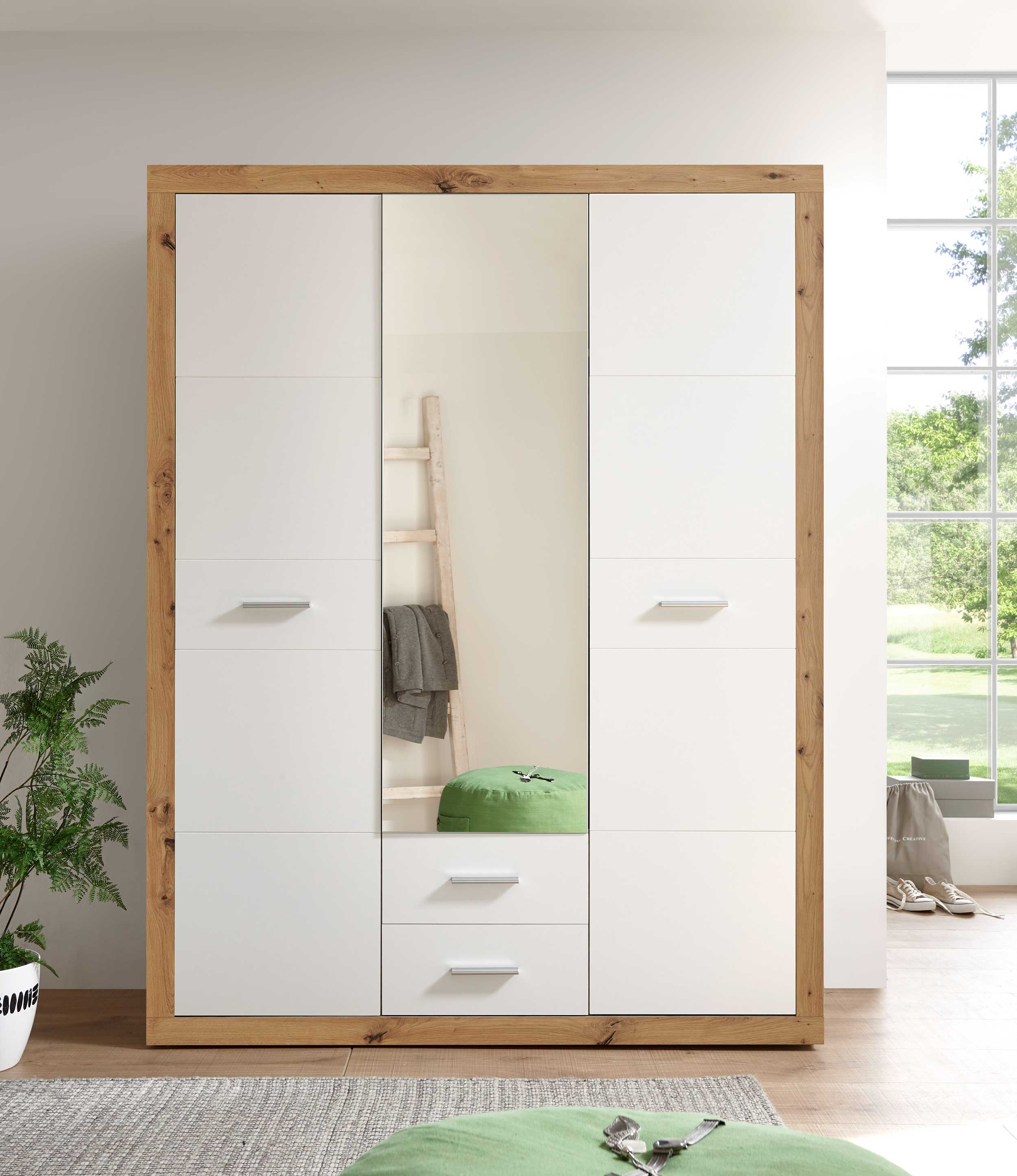 Armoire à vêtements Storck 151cm 3 portes & 2 tiroirs - chêne artisan/blanc - Image 7