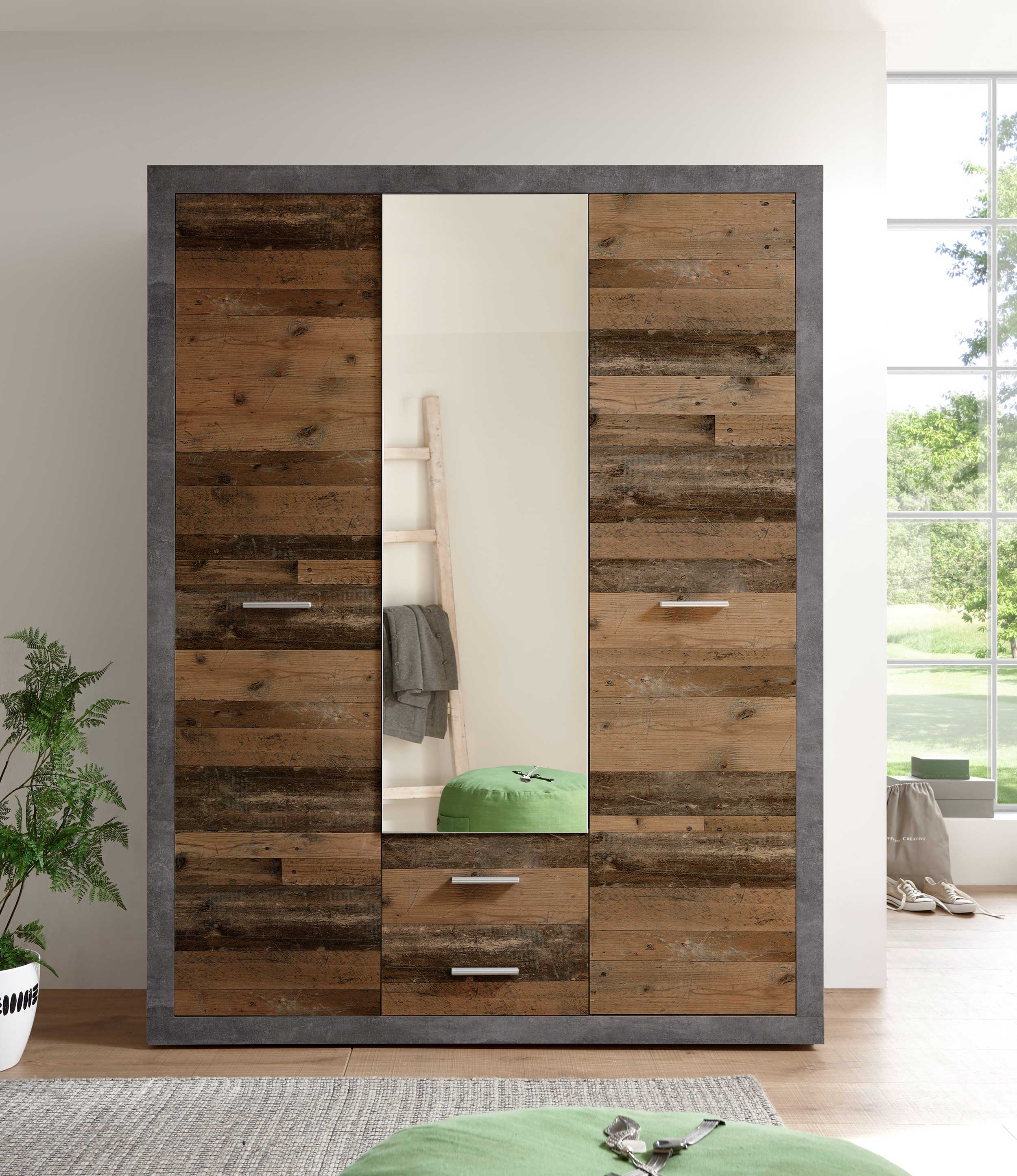 Armoire à vêtements Storck 151cm 3 portes & 2 tiroirs - vieux style/béton - Image 11