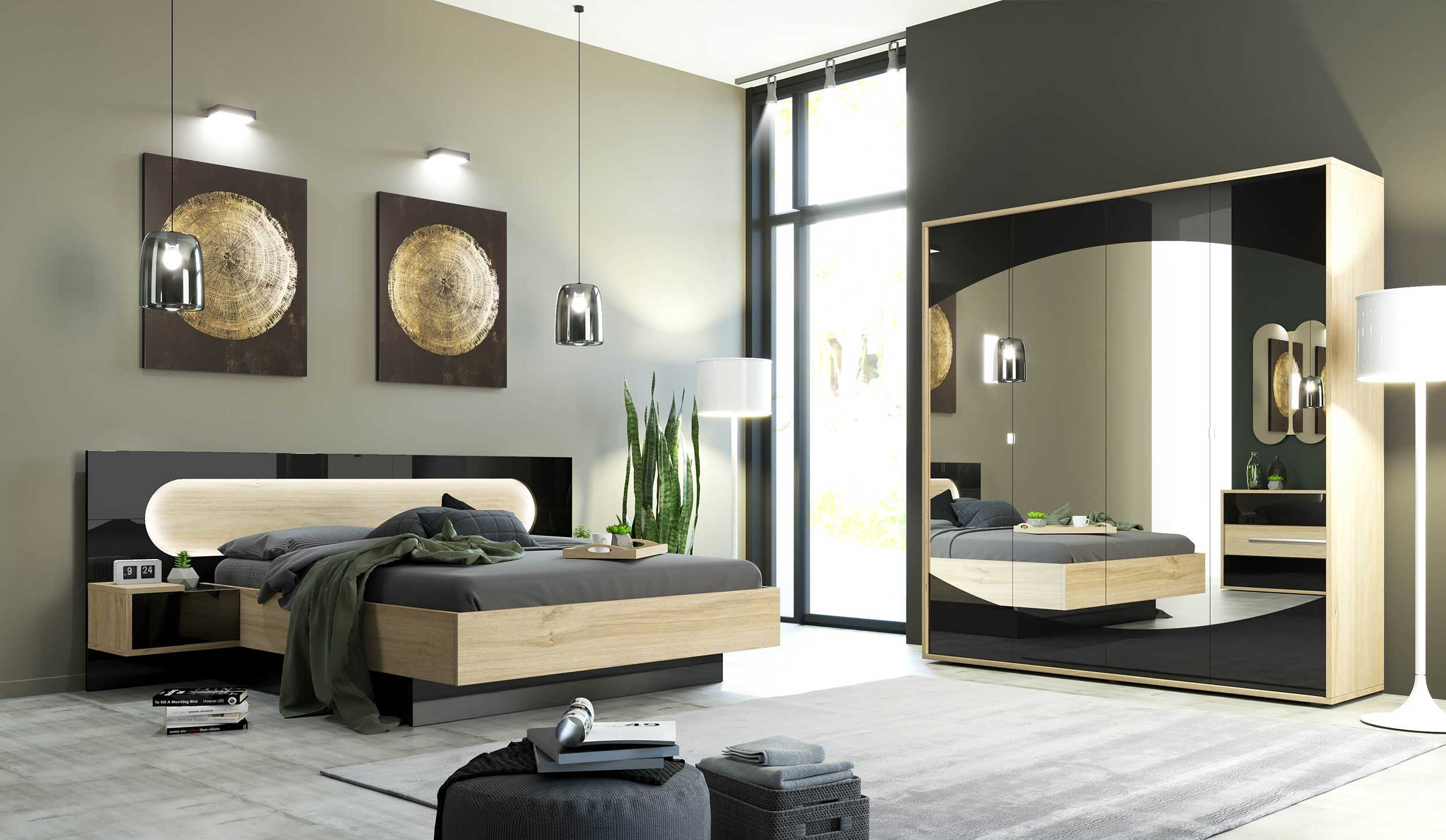 Armoire Avalon 200cm avec miroir 4 portes - chêne/noir - Image 5