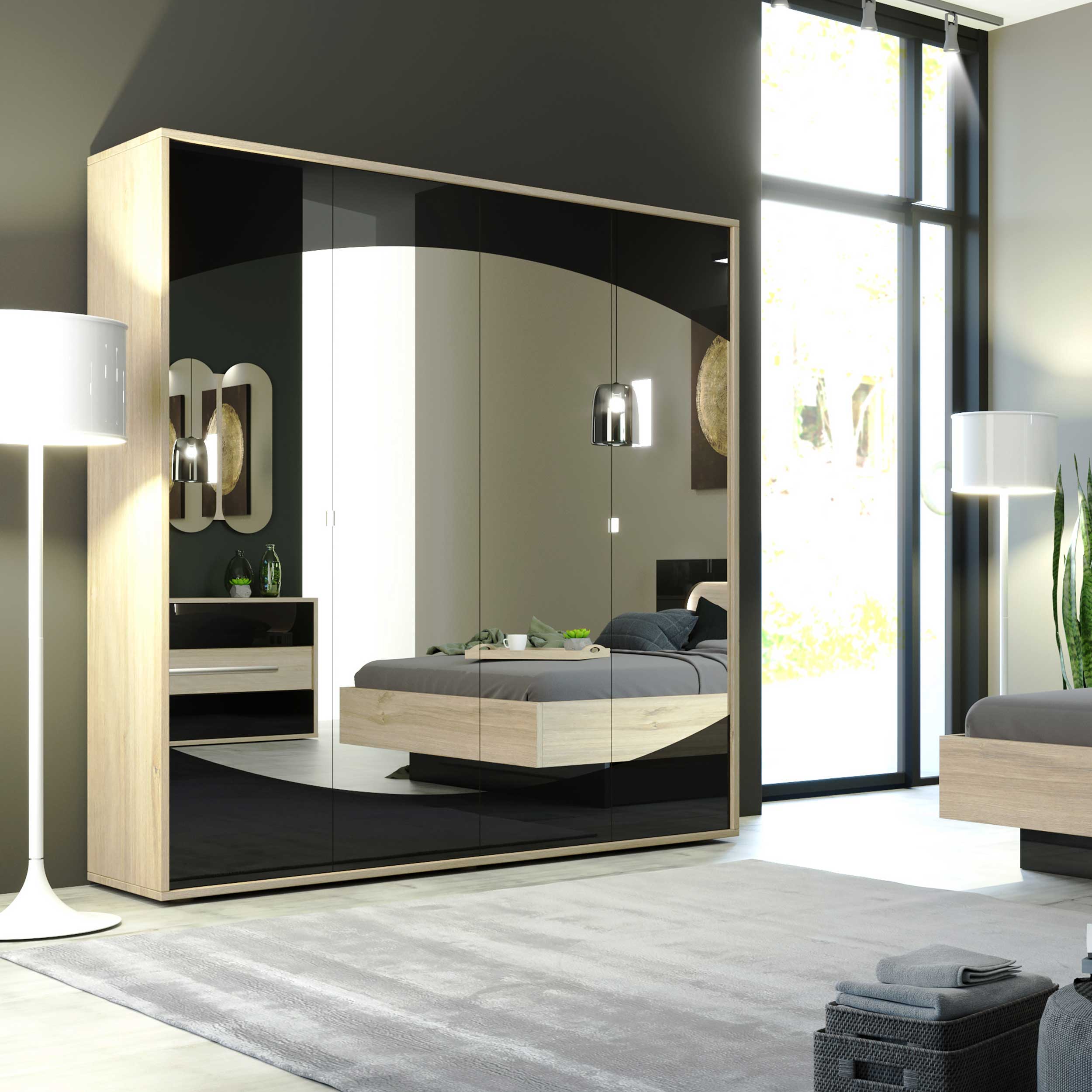 Armoire Avalon 200cm avec miroir 4 portes - chêne/noir - Image 6