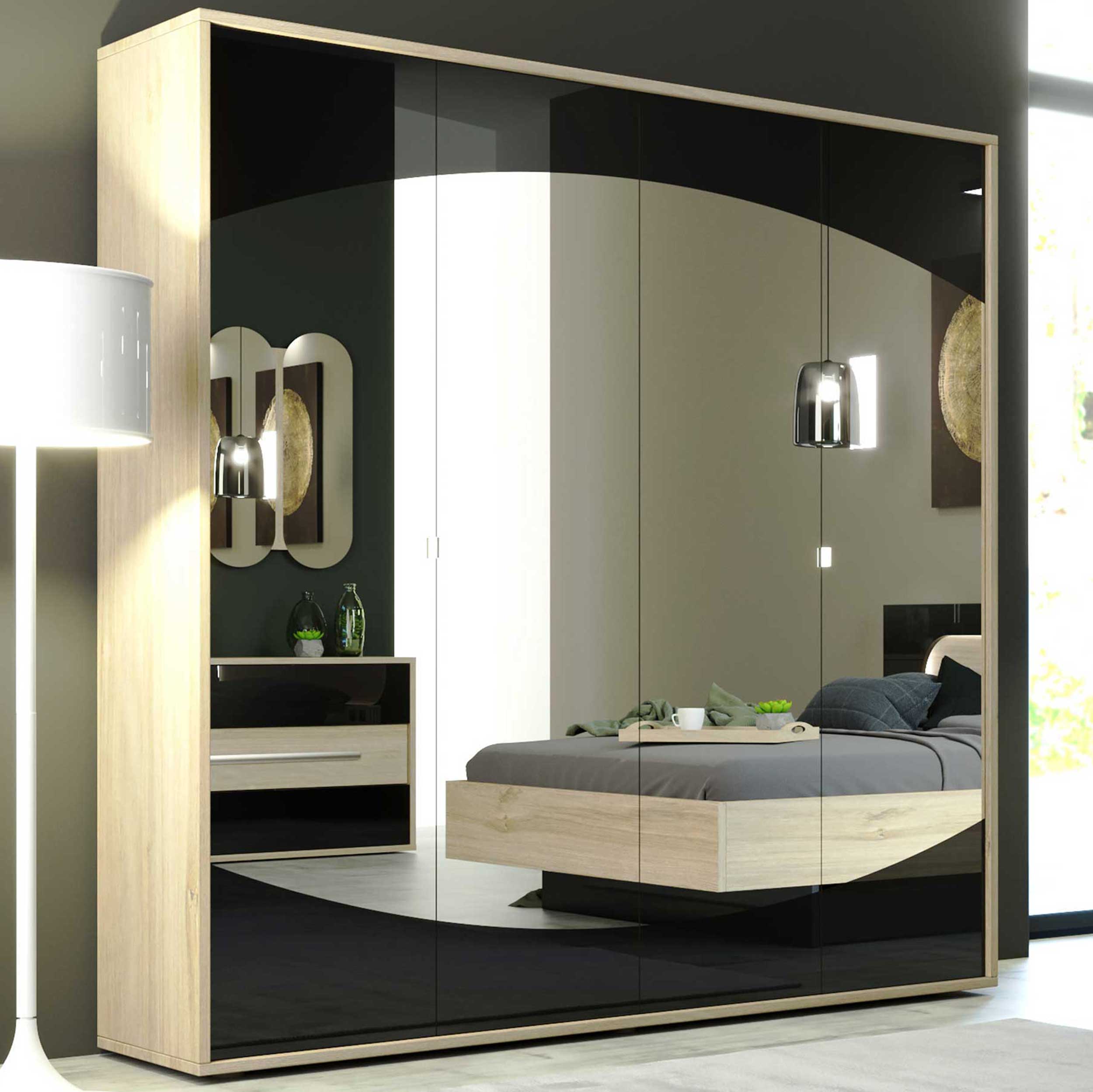 Armoire Avalon 200cm avec miroir 4 portes - chêne/noir