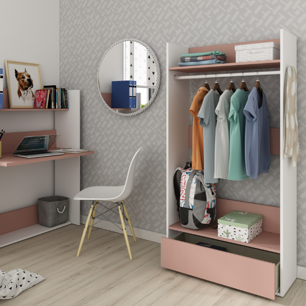 Armoire Bo0 avec tiroir, étagère à chapeaux et tringle à vêtements - blanc/ vieux rose - Image 3