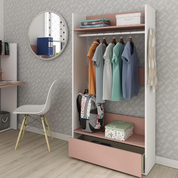 Armoire Bo0 avec tiroir, étagère à chapeaux et tringle à vêtements - blanc/ vieux rose - Image 1