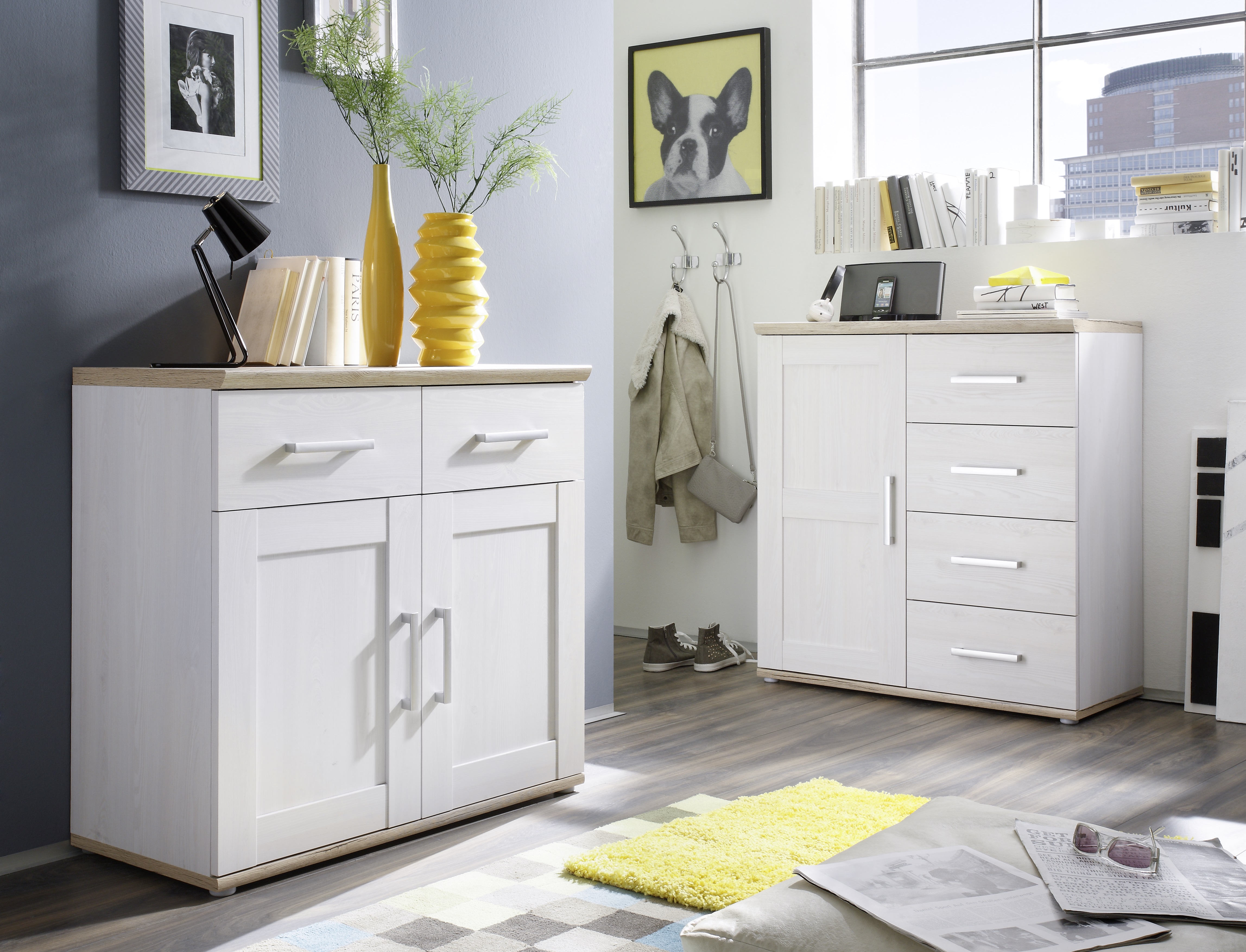 Armoire d'appoint Roman 93cm avec 2 portes & 2 tiroirs - blanc/brun - Image 3