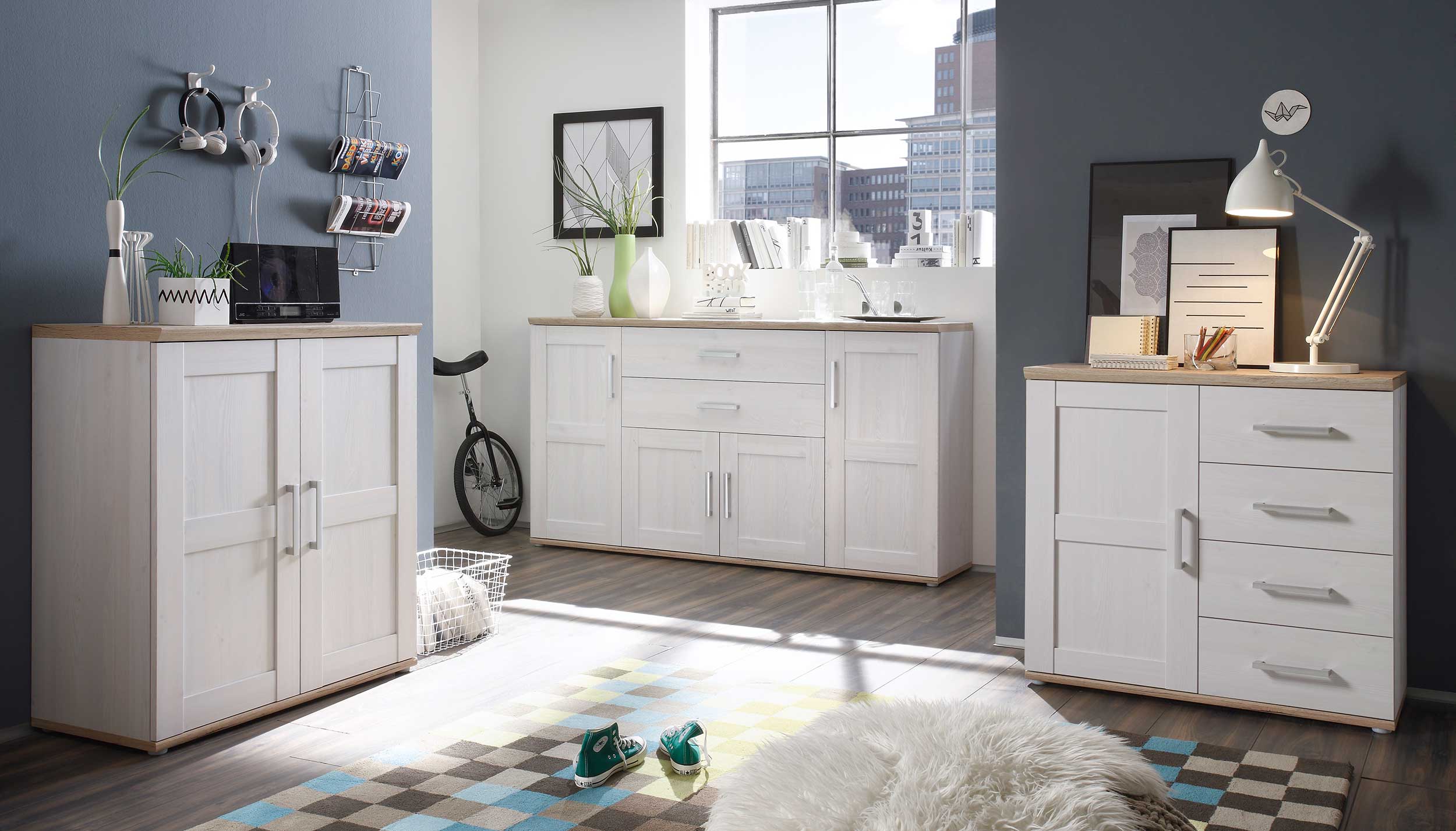 Armoire d'appoint Roman 93cm avec porte & 4 tiroirs - blanc/brun - Image 2