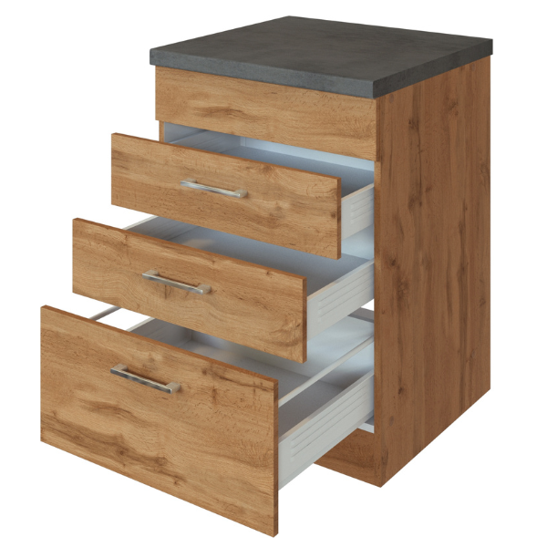 Armoire de cuisine pour plaque cuisson Sorrella 3 tiroirs - chêne/béton - Image 8