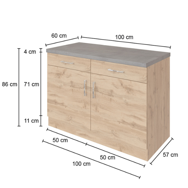 Armoire de cuisine Sorrella 100cm 2 portes & 2 tiroirs - chêne/graphite - Image 2