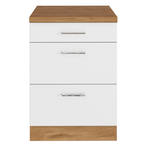 Armoire de cuisine Sorrella 50cm 3 tiroirs - blanc/chêne - Image 1