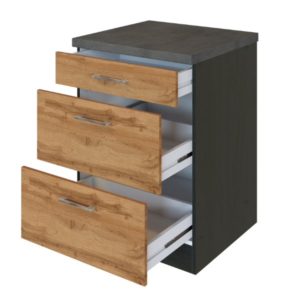 Armoire de cuisine Sorrella 50cm 3 tiroirs - chêne/graphite - Image 7