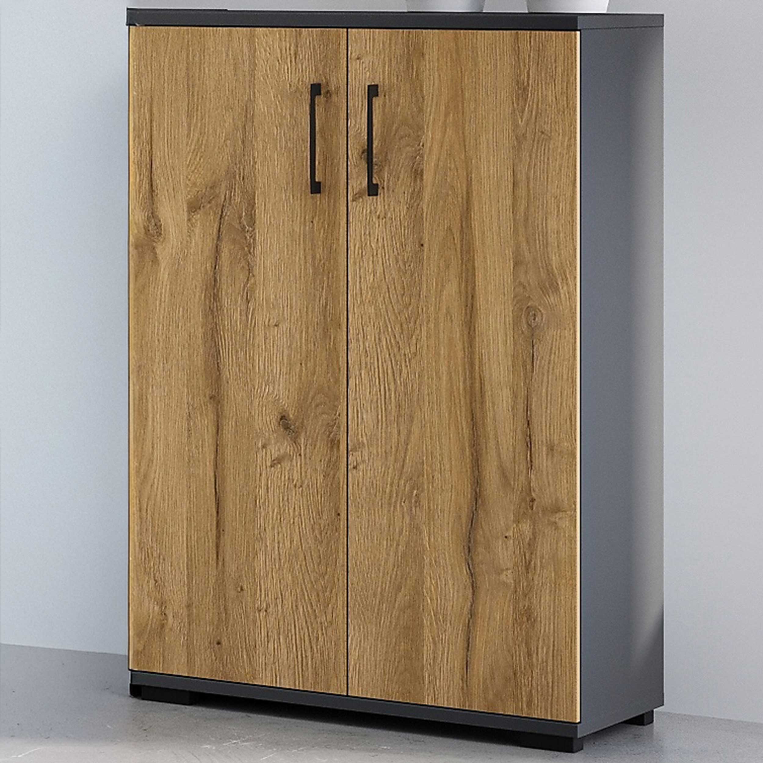 Armoire de rangement basse Presley 80cm à 2 portes - chêne/graphite
