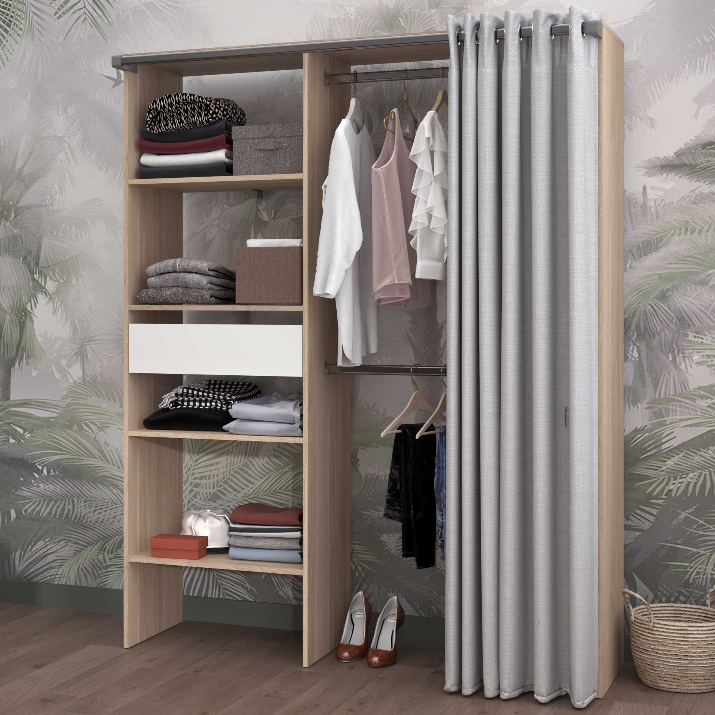 Armoire Gary avec rideau 1 tiroir - chêne/gris