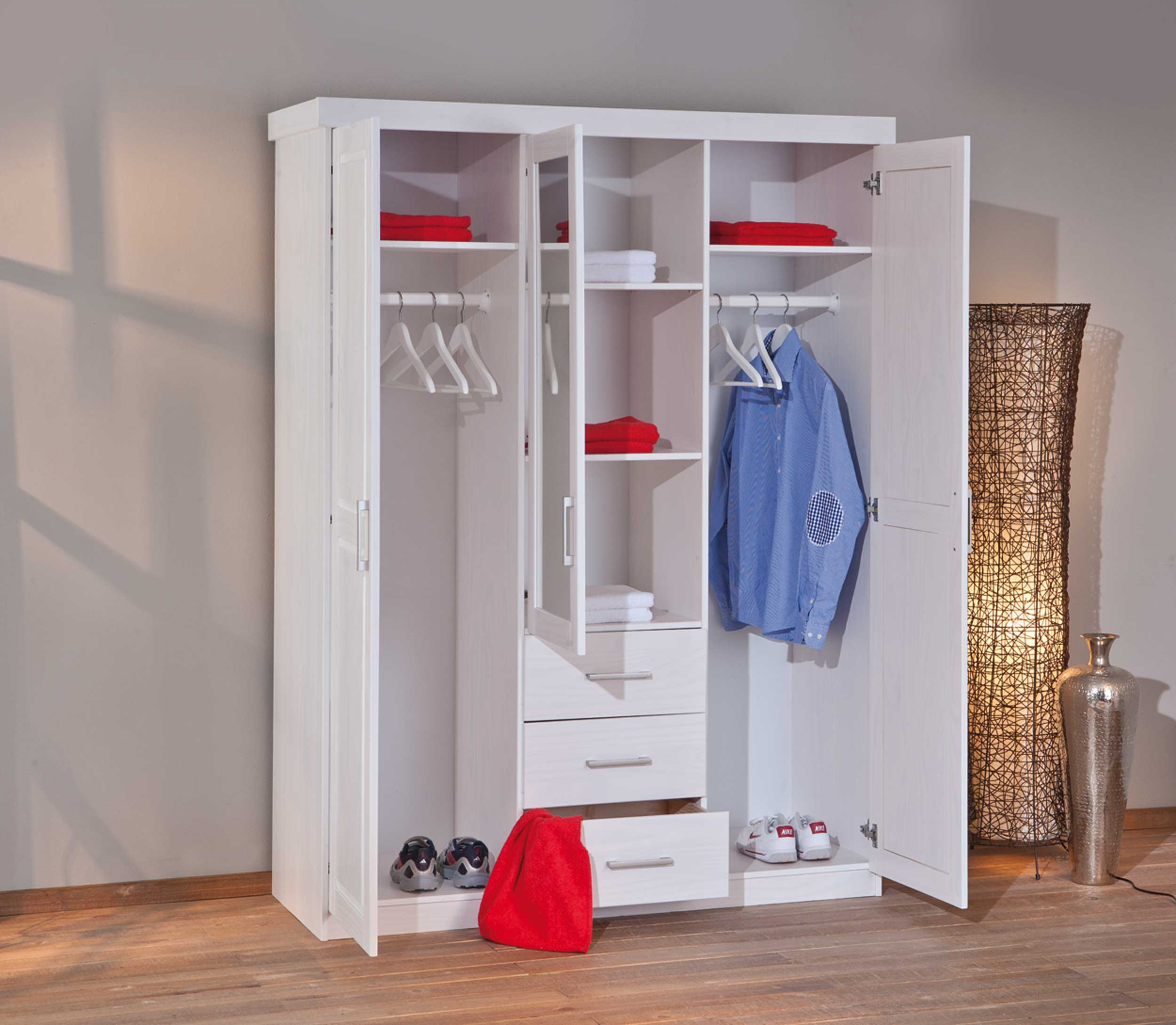 Armoire Geraldo 140cm avec 3 portes & miroir - blanc - Image 4