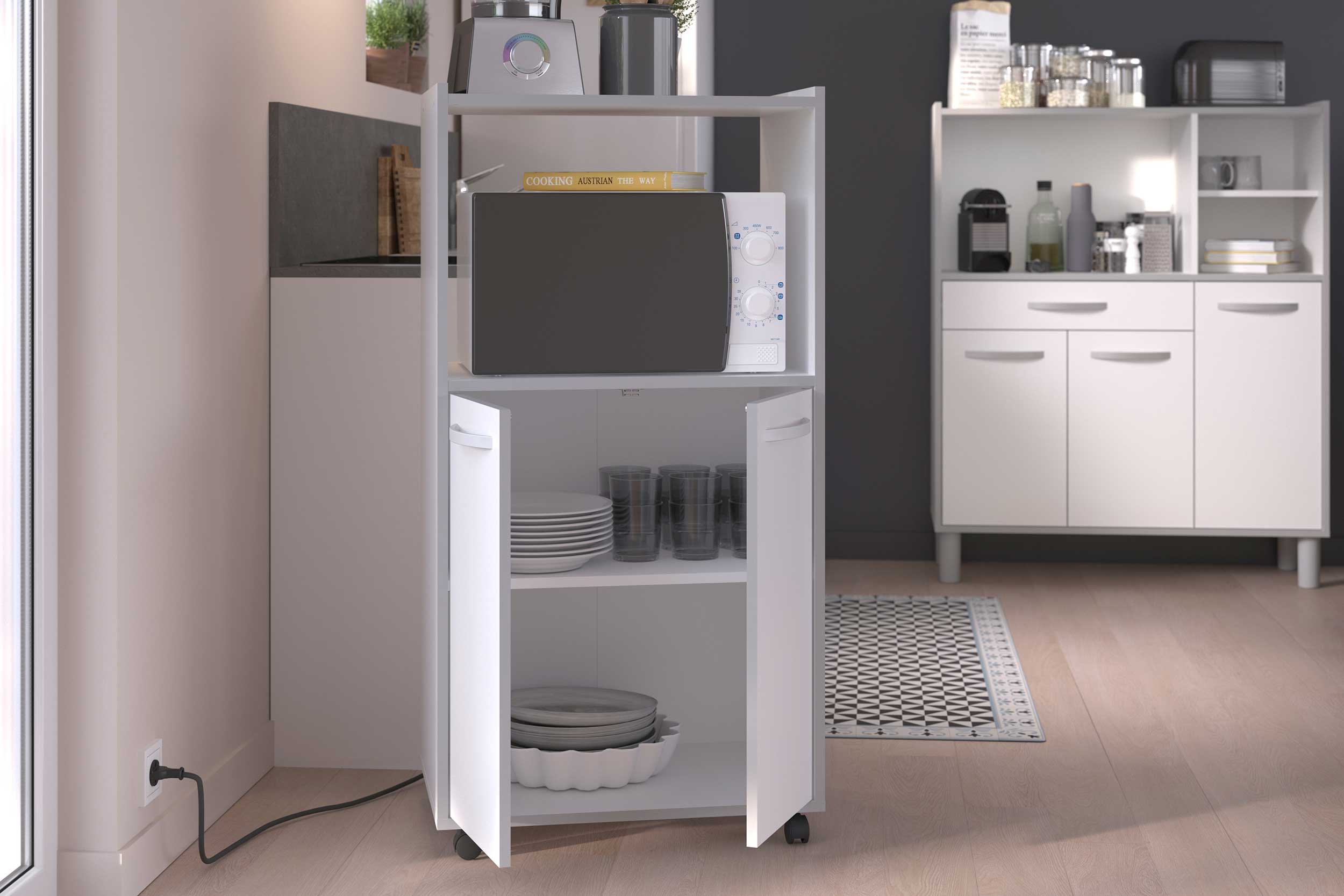 Armoire pour micro-ondes Easy 60 cm, 2 portes - blanc/gris - Image 2