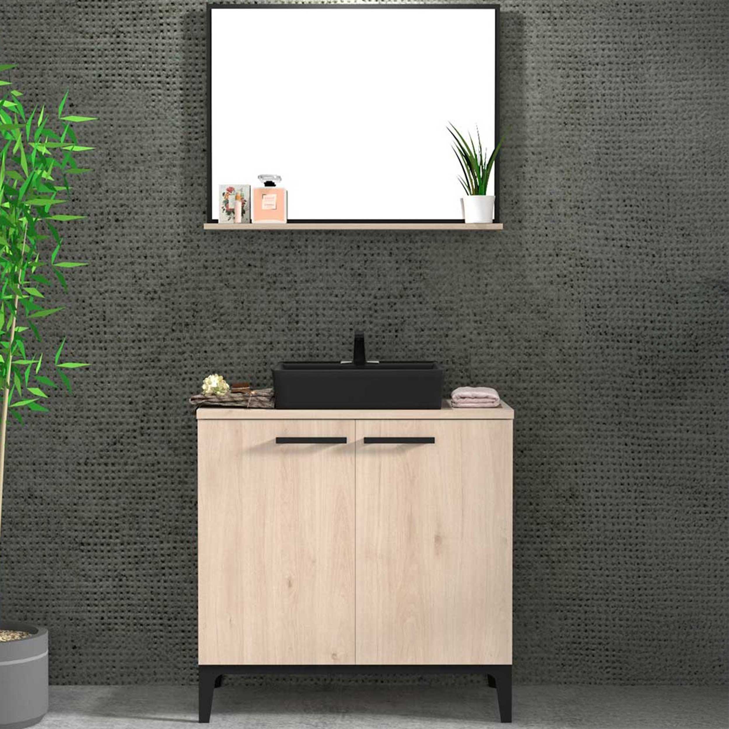 Armoire salle de bains Dotan à 2 portes & miroir  - chêne