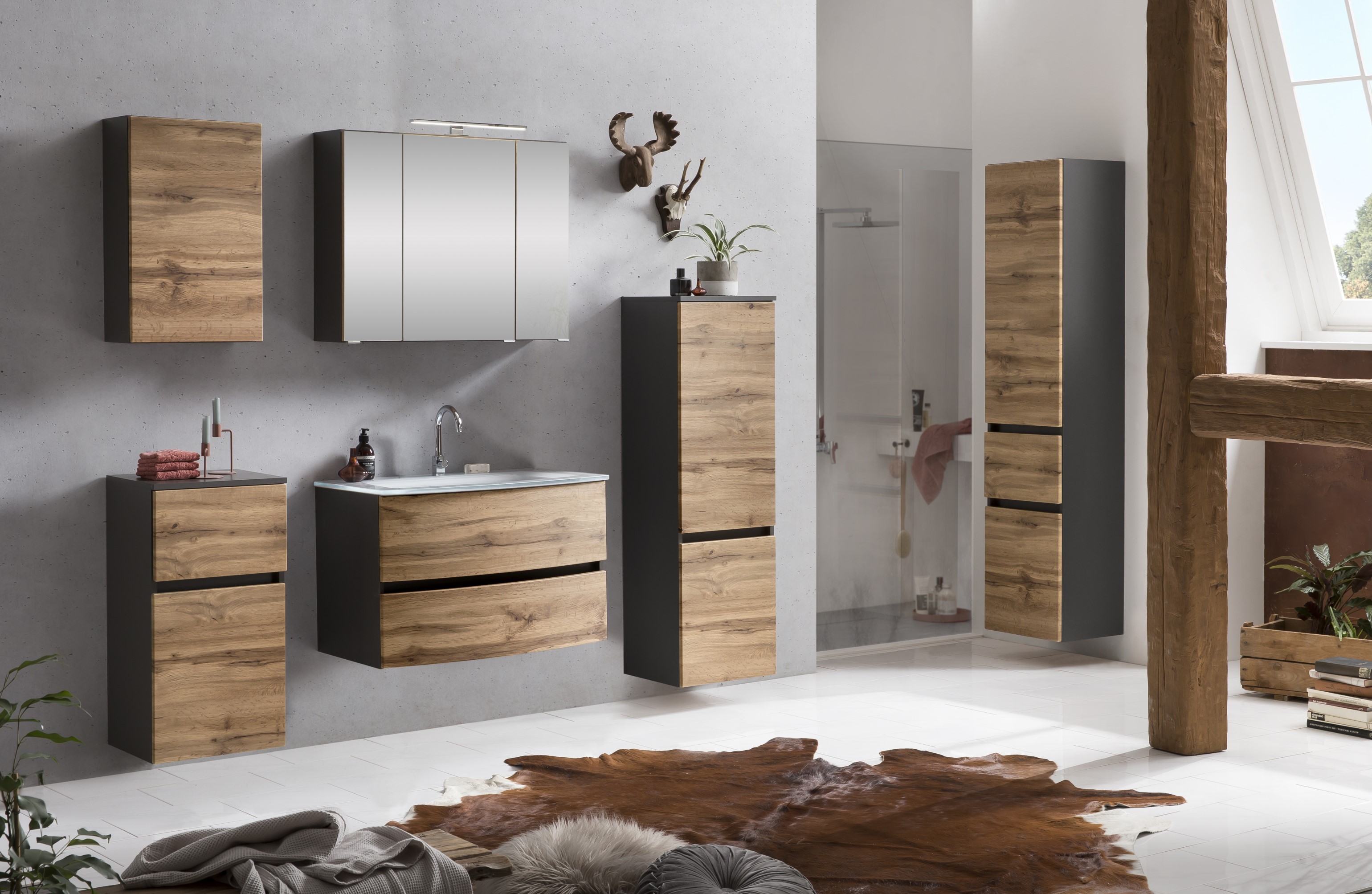 Armoire salle de bains Kornel/Luna 40cm 1 porte & 1 tiroir - gris graphite/chêne - Image 2