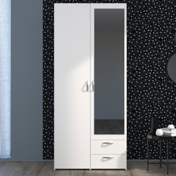Armoire Salvador miroir, 2 portes & 2 tiroirs - blanc