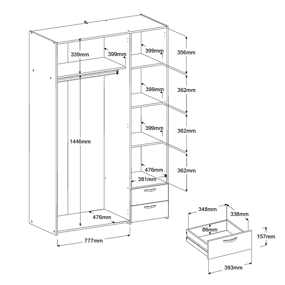 Armoire Salvador miroir, 3 portes & 2 tiroirs - blanc - Image 3