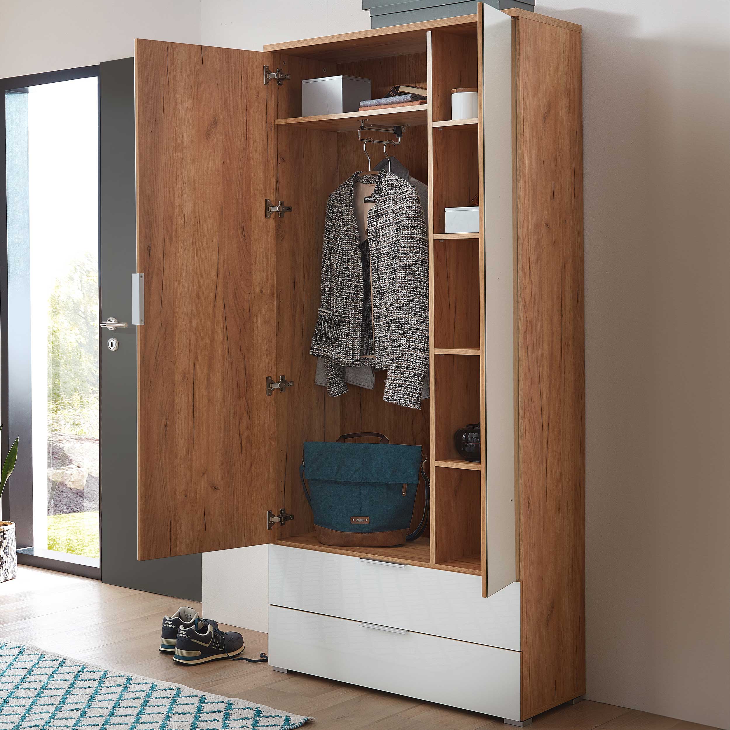 Armoire vestiaire Tille 84cm avec 2 portes & 2 tiroirs - blanc/chêne - Image 5