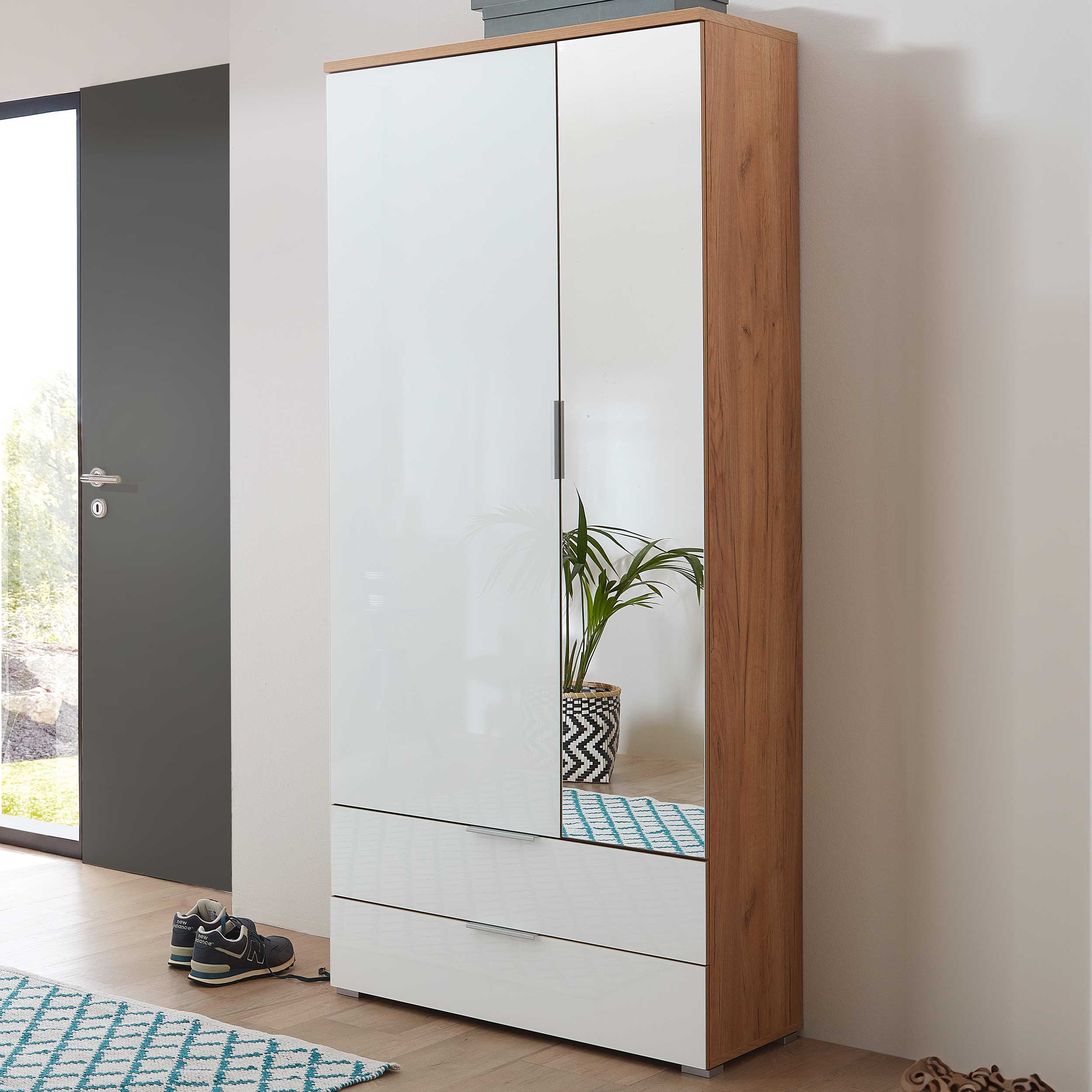 Armoire vestiaire Tille 84cm avec 2 portes & 2 tiroirs - blanc/chêne