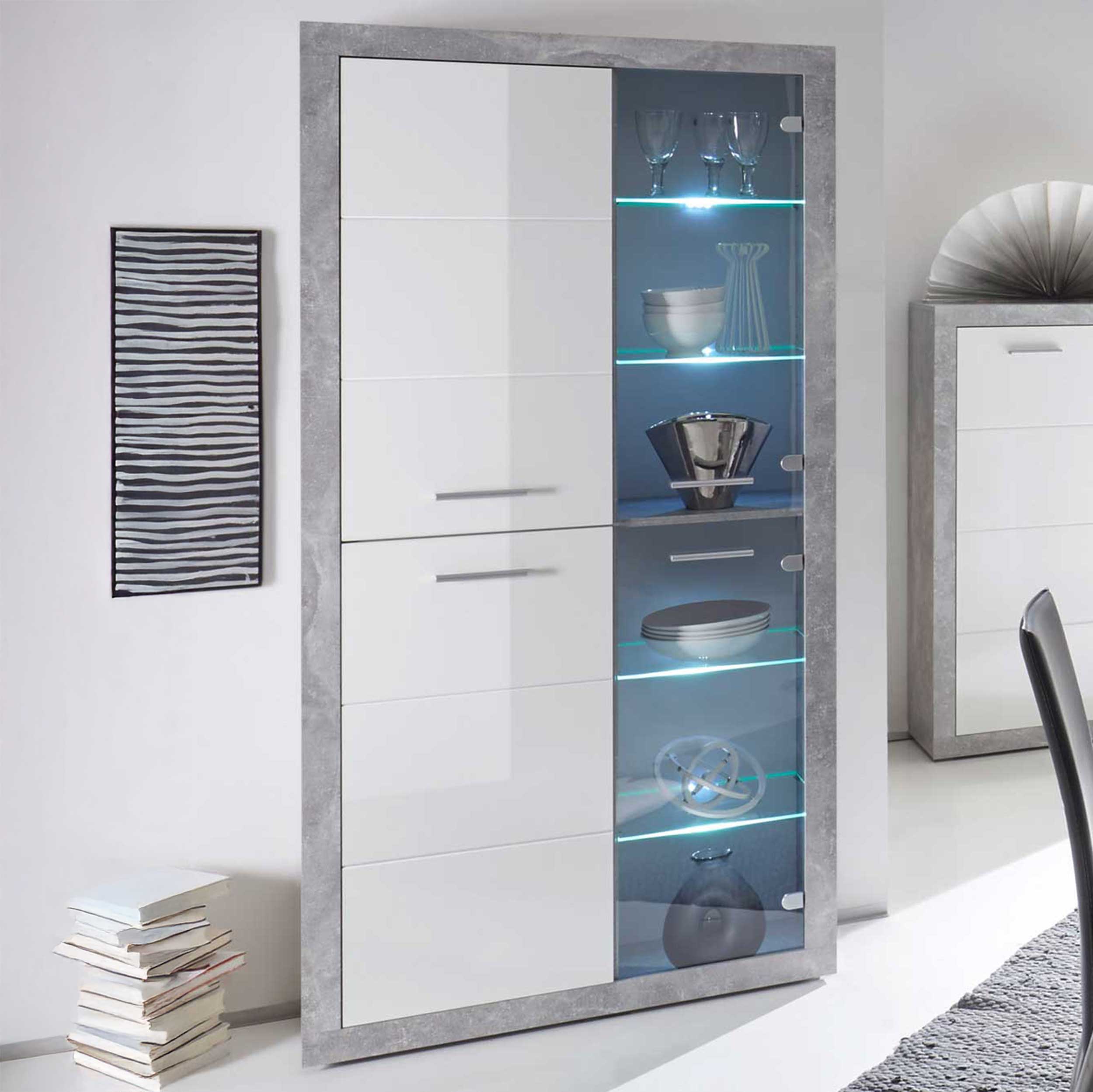 Armoire vitrine Inga 194H x 95L - béton/blanc