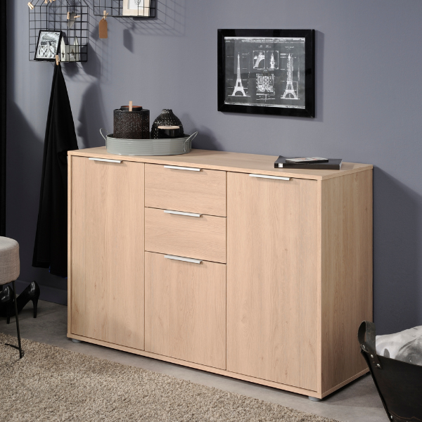 Bahut Alex 120cm 3 portes 2 tiroirs - chêne