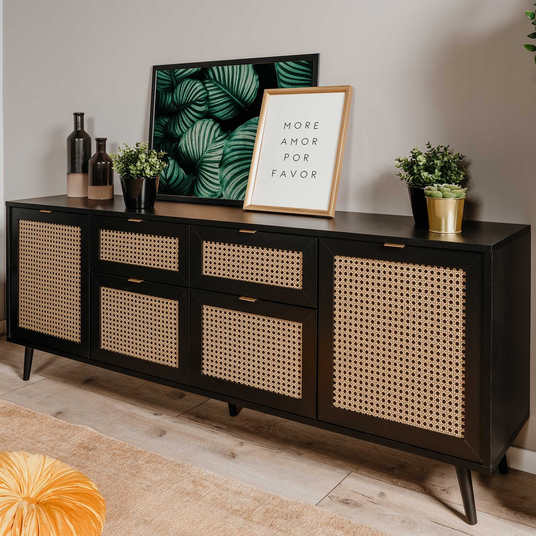 Bahut Daka 180cm 4 portes & 2 tiroirs - noir/beige - Image 1