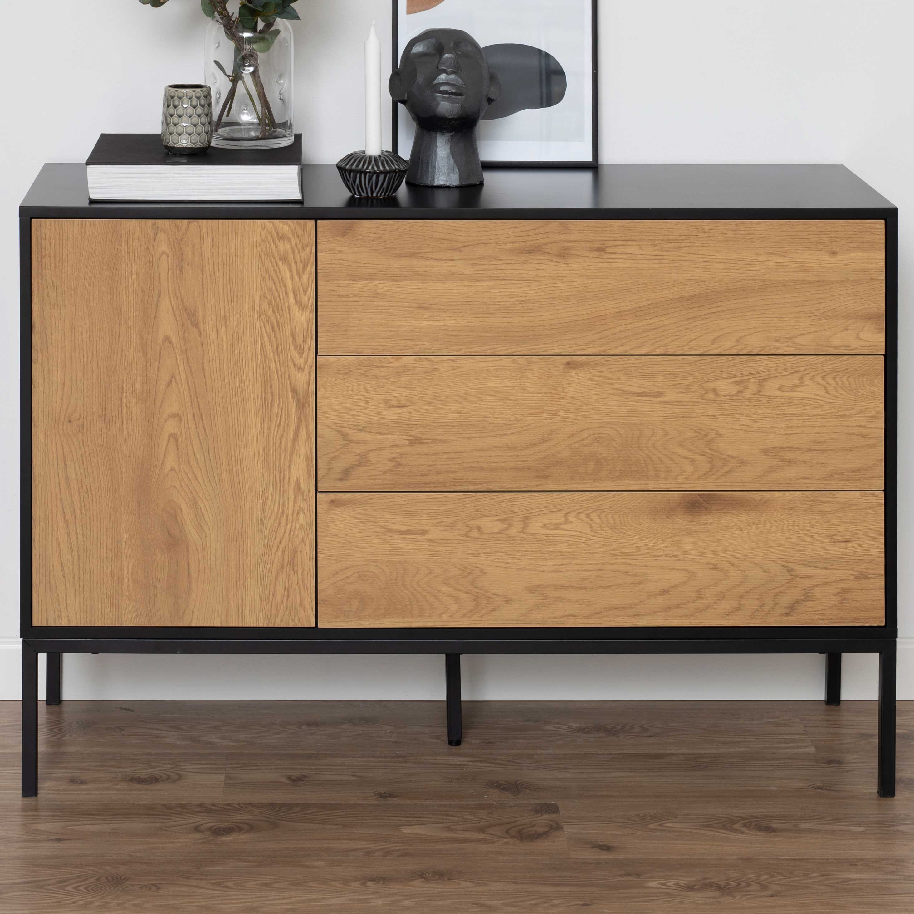 Bahut Dover 120cm 1 porte & 3 tiroirs - noir/chêne sauvage