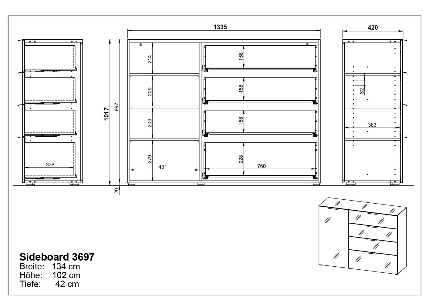 Bahut Dudek 134cm avec 4 tiroirs & 1 porte - blanc/chêne - Image 4