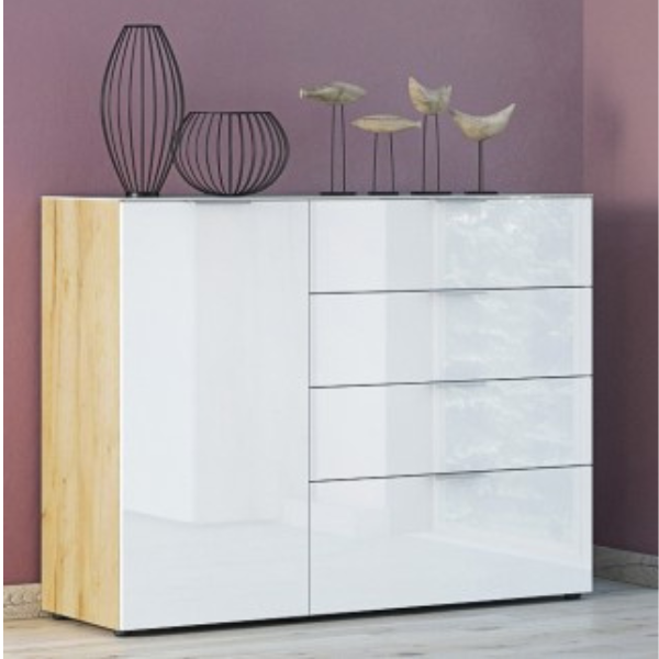 Bahut Dudek 134cm avec 4 tiroirs & 1 porte - blanc/chêne - Image 1