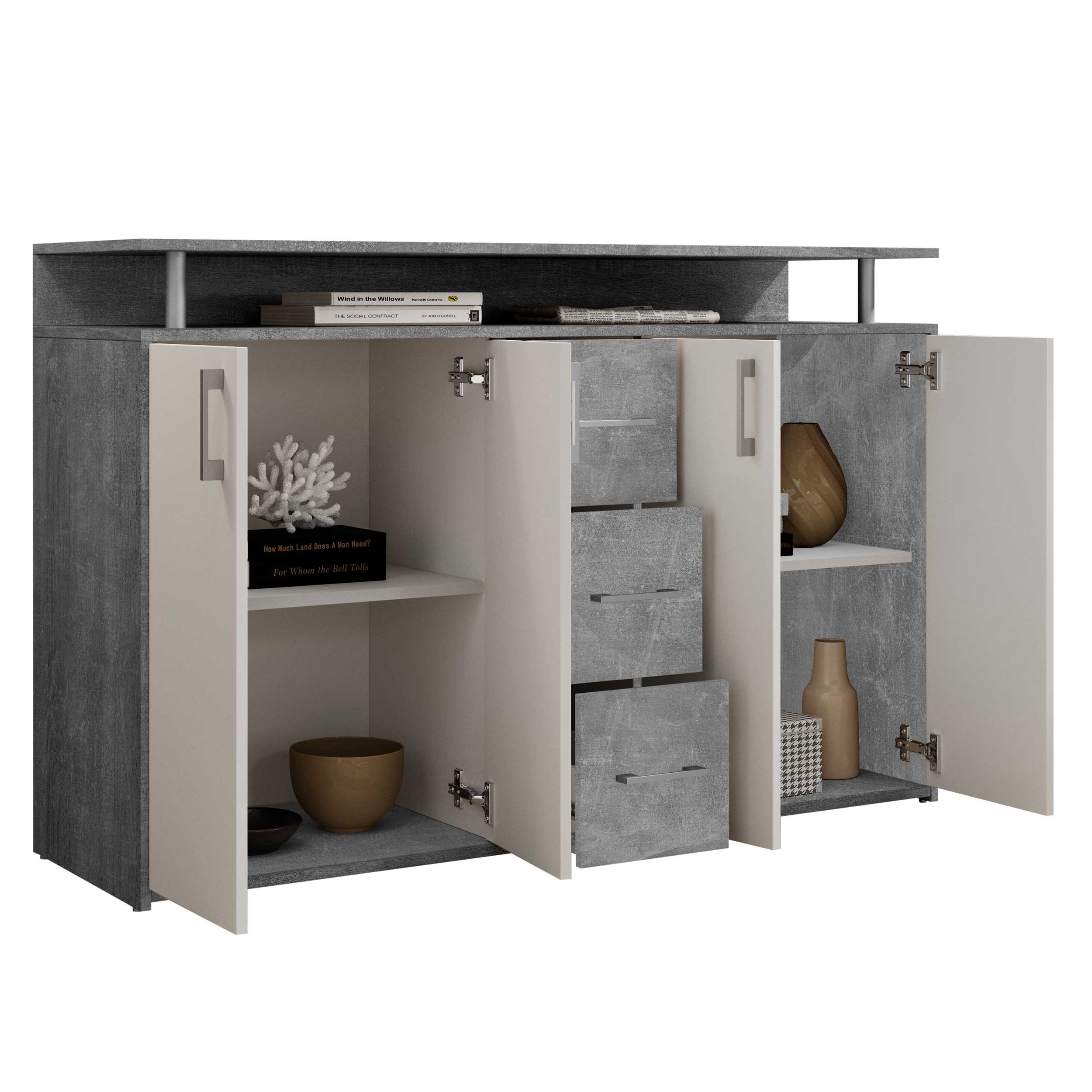 Bahut Flotar 4 portes 3 tiroirs - blanc/béton - Image 2