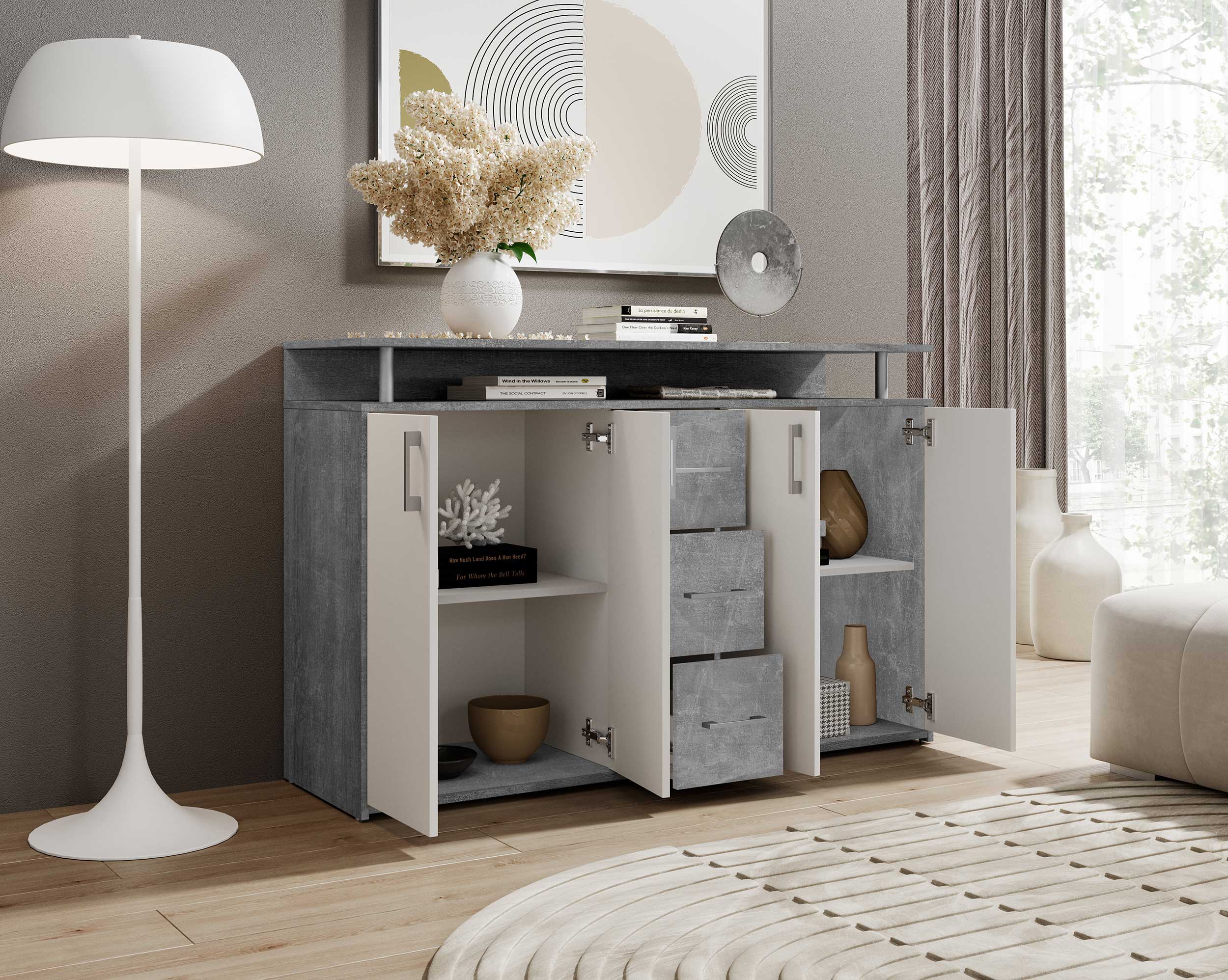 Bahut Flotar 4 portes 3 tiroirs - blanc/béton - Image 5