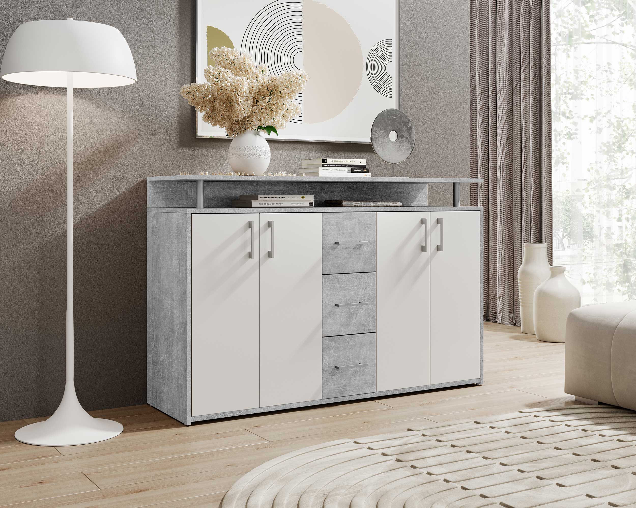 Bahut Flotar 4 portes 3 tiroirs - blanc/béton - Image 7